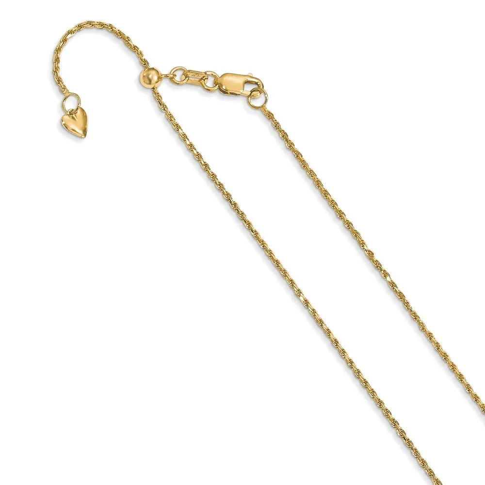 1.2mm 14k Yellow Gold Adjustable D/C Rope Chain Necklace, 22 Inch