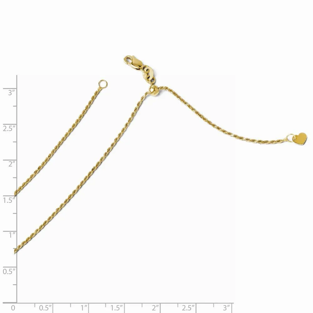 1.2mm 14k Yellow Gold Adjustable D/C Rope Chain Necklace, 22 Inch