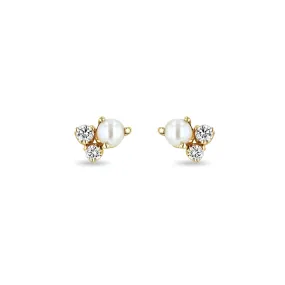 14k Mixed Prong Diamond & Pearl Cluster Stud Earrings