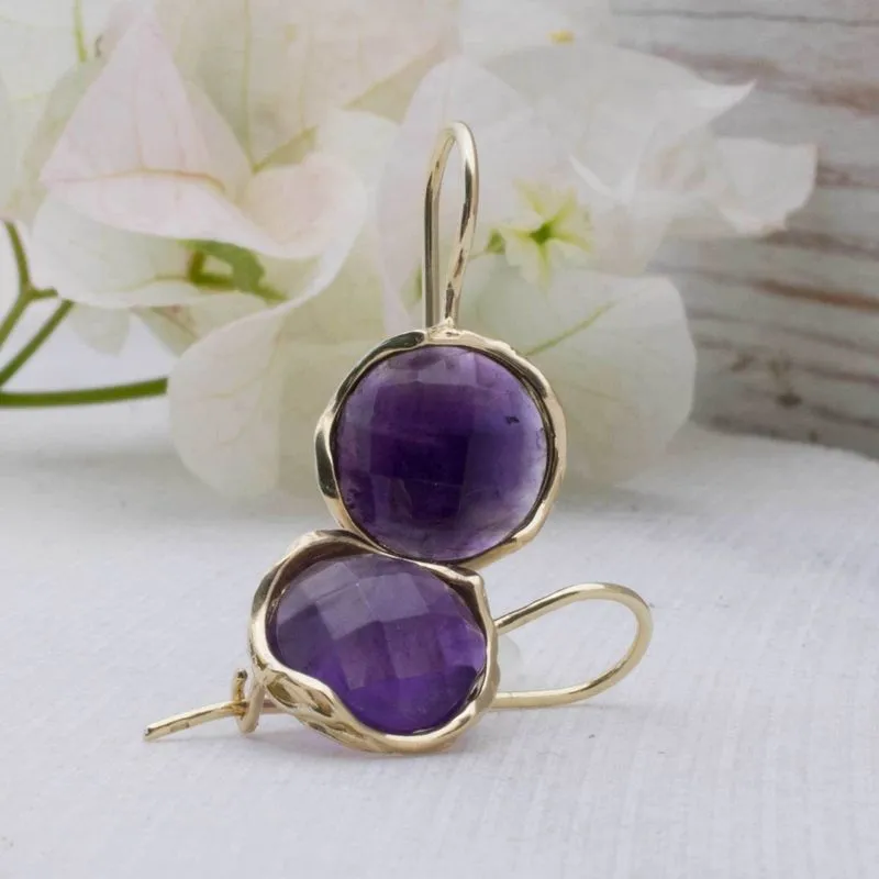 14K Yellow Gold Round Purple Amethyst 12mm Dangle Earrings