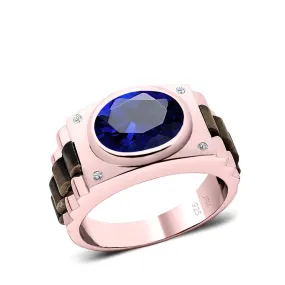 925 Silver Signet Ring with Blue Stone Rose Gold Plated Men's Engagement Band with Diamonds