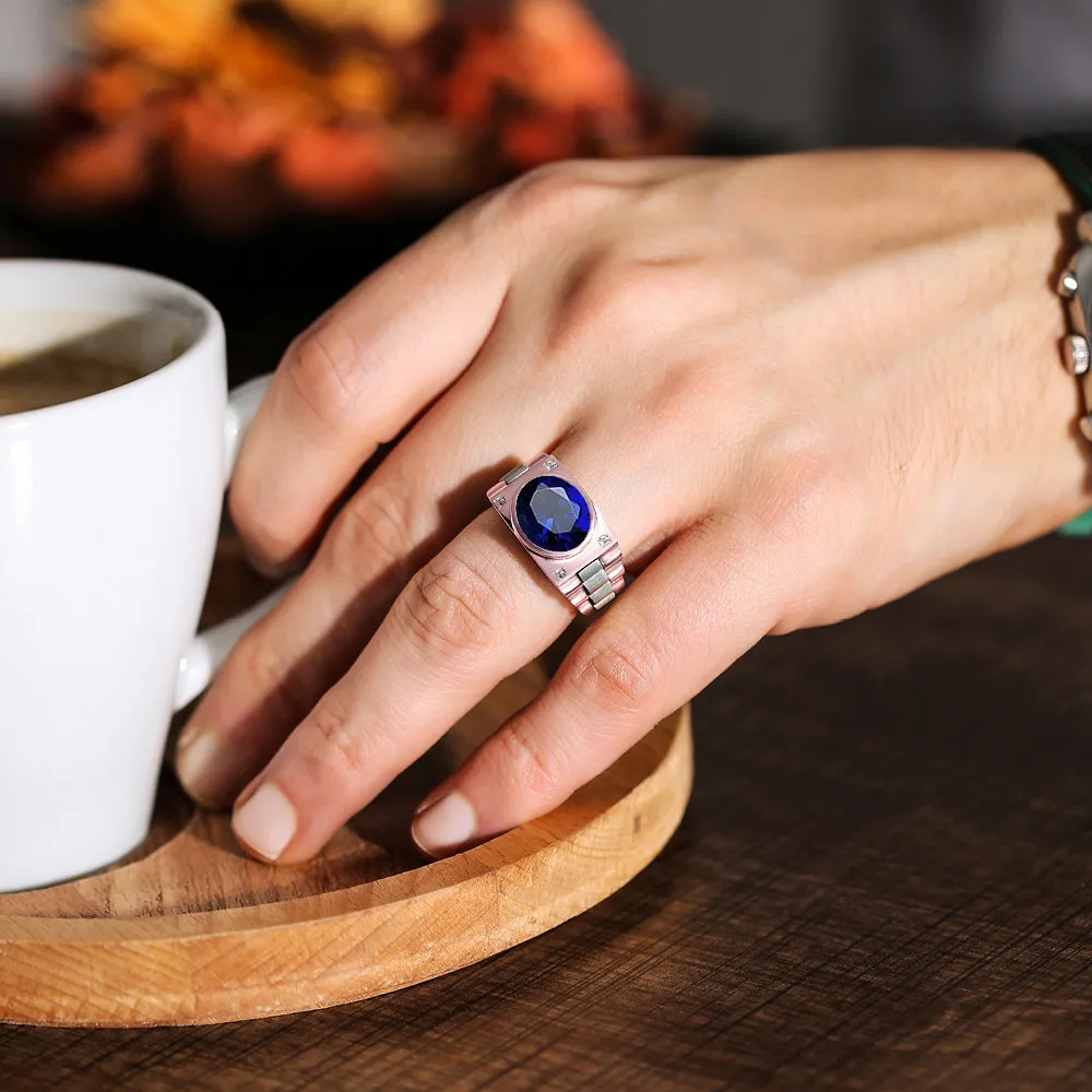 925 Silver Signet Ring with Blue Stone Rose Gold Plated Men's Engagement Band with Diamonds