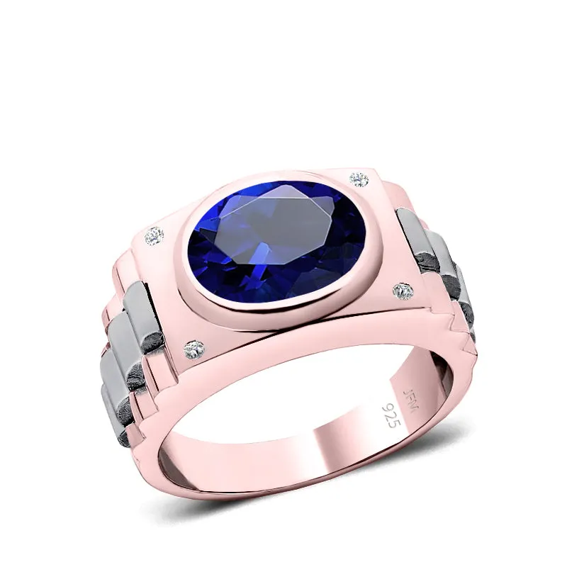 925 Silver Signet Ring with Blue Stone Rose Gold Plated Men's Engagement Band with Diamonds