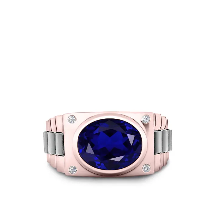 925 Silver Signet Ring with Blue Stone Rose Gold Plated Men's Engagement Band with Diamonds