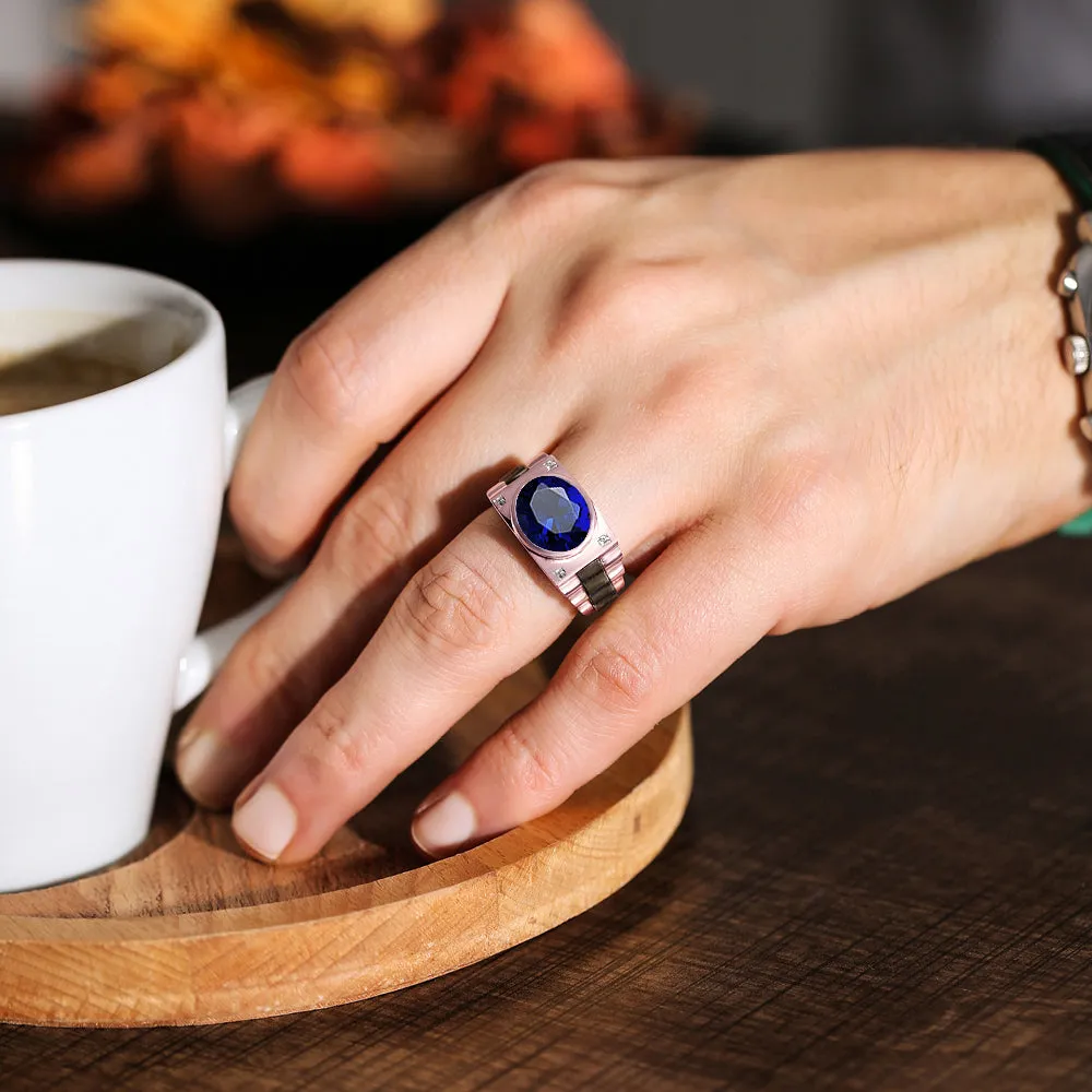 925 Silver Signet Ring with Blue Stone Rose Gold Plated Men's Engagement Band with Diamonds