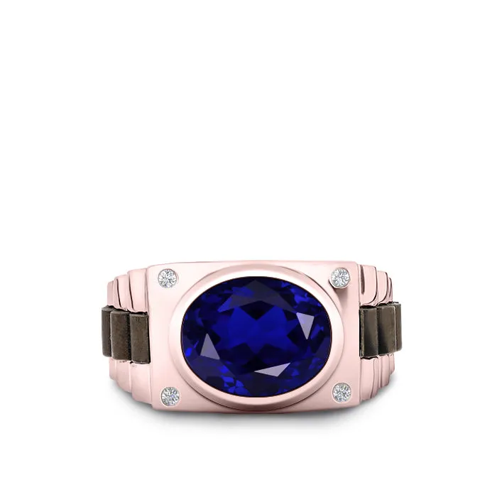 925 Silver Signet Ring with Blue Stone Rose Gold Plated Men's Engagement Band with Diamonds