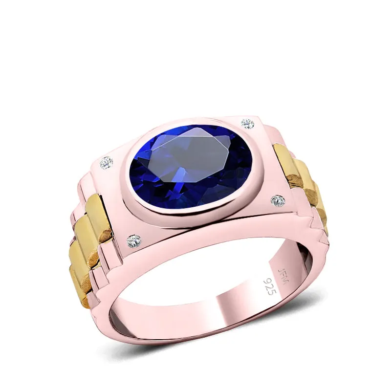 925 Silver Signet Ring with Blue Stone Rose Gold Plated Men's Engagement Band with Diamonds