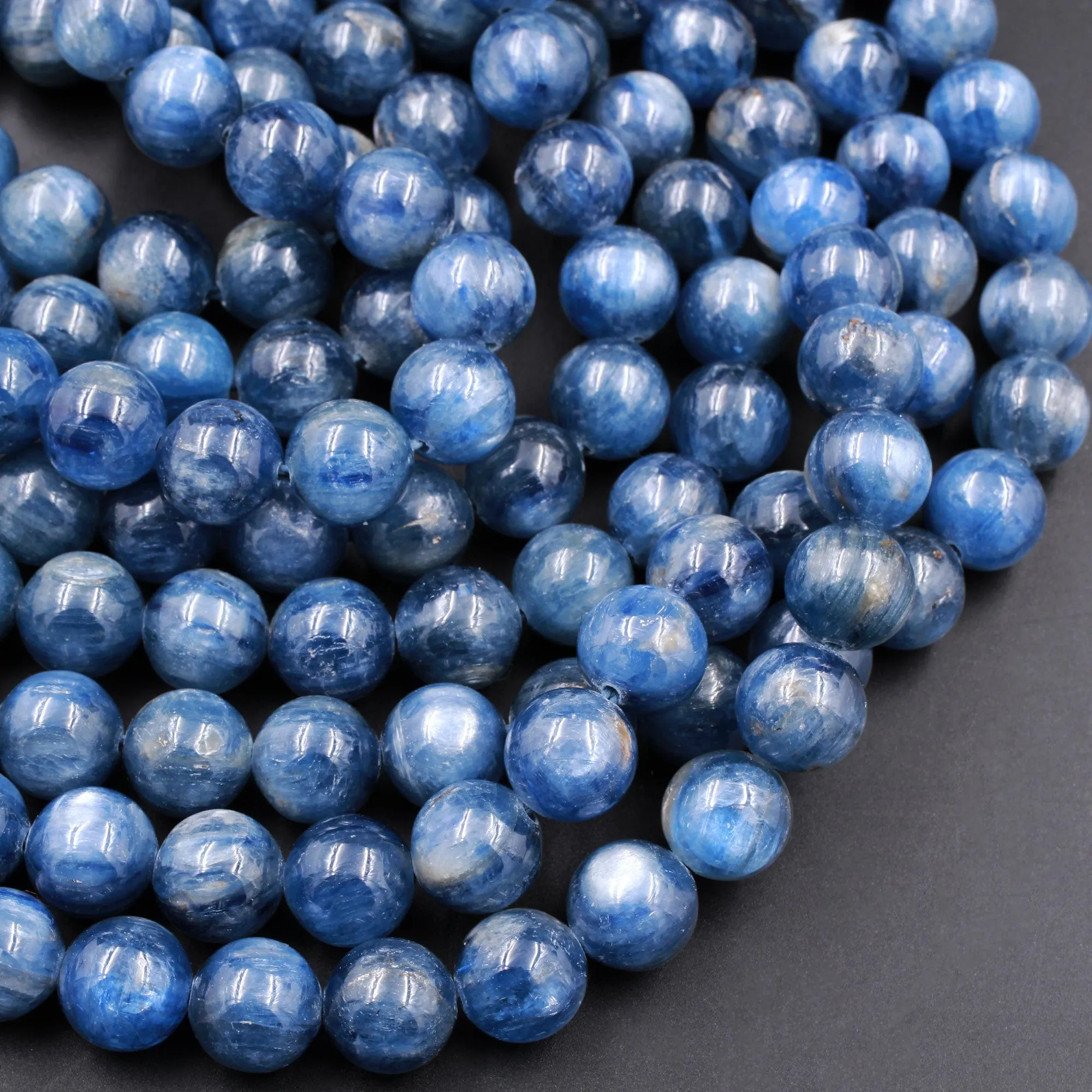 A Grade Natural Blue Kyanite 10mm Round Beads Super Luster Fine Quality Highly Polished 16" Strand