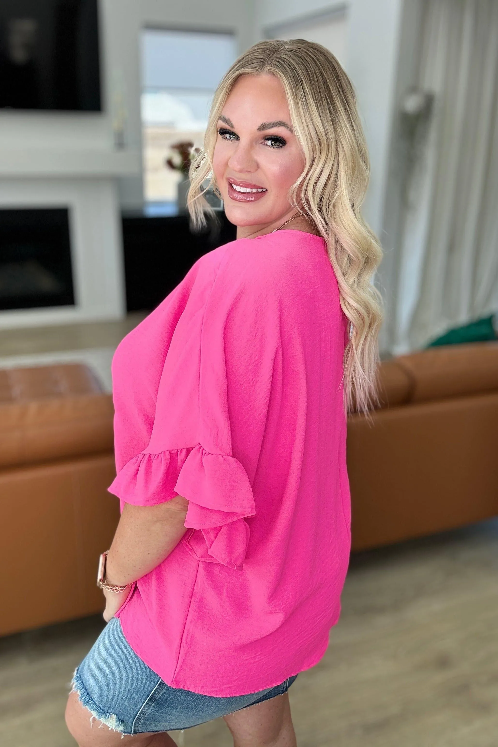 Airflow Peplum Ruffle Sleeve Top in Fuchsia Pink