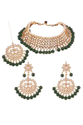 Alloy Necklace with Earrings and Maang Tikka in Green