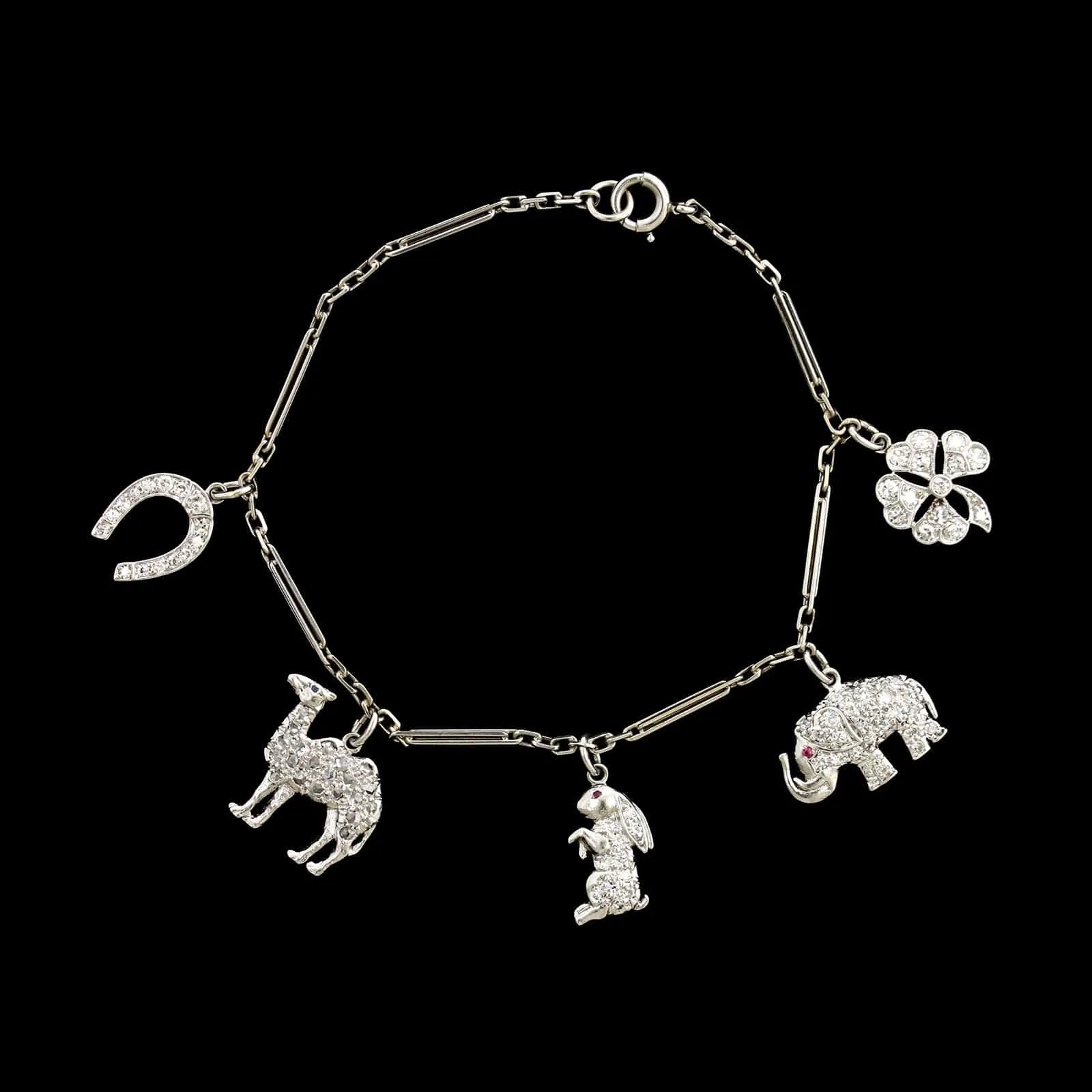 Art Deco Platinum and 18K White Gold Estate Diamond Charm Bracelet