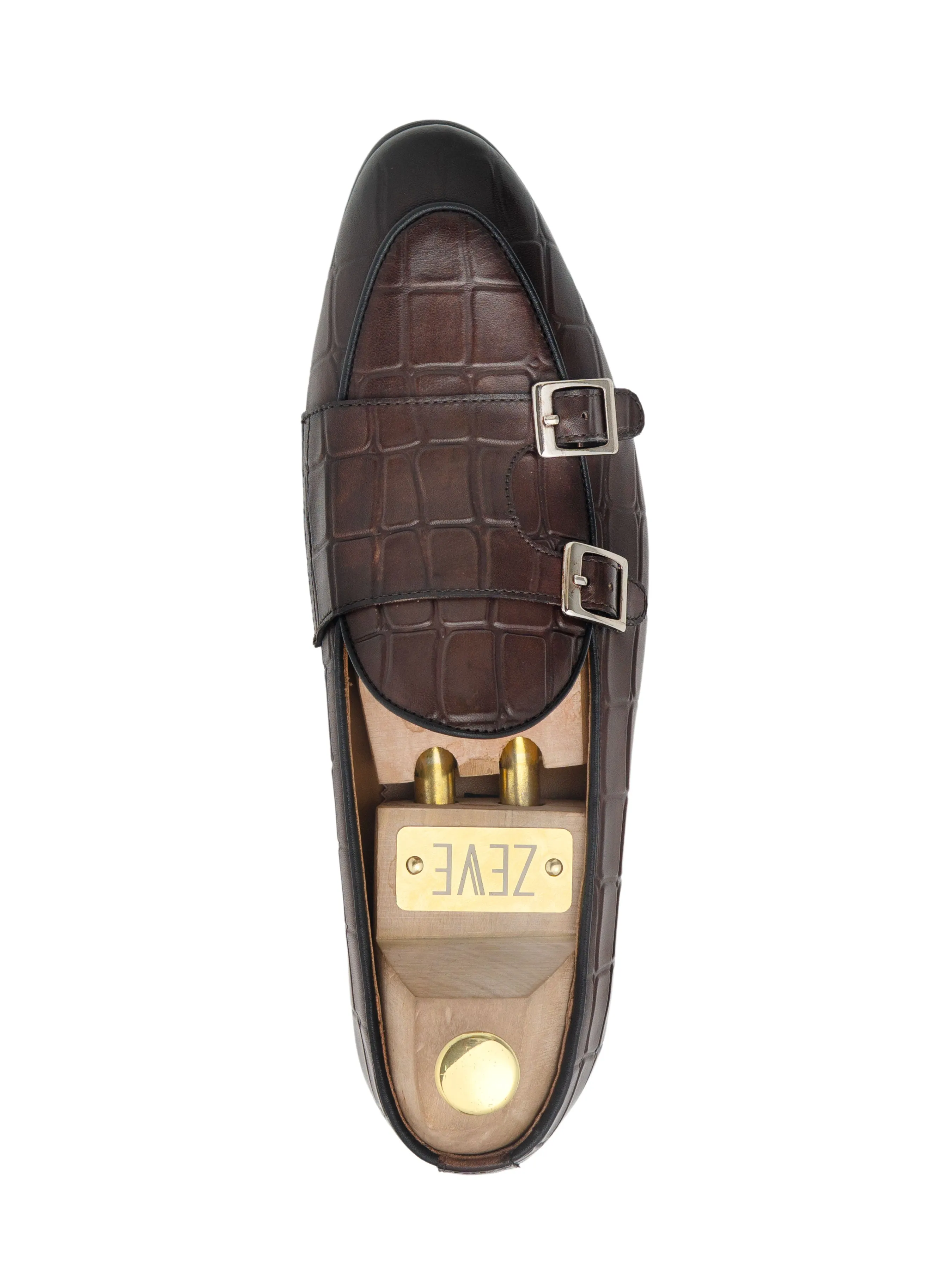 Belgian Loafer - Dark Brown Croco Double Monk Strap (Hand Painted Patina)