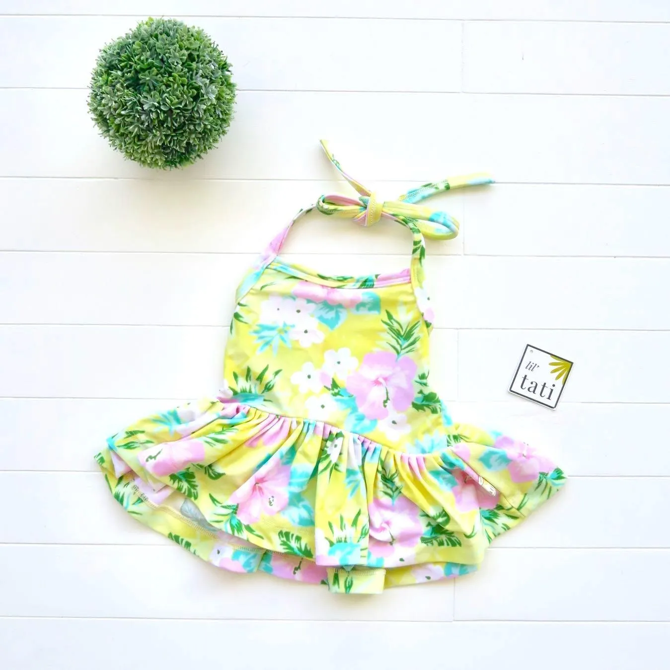 Berry Swimsuit with Tie-Straps in Hawaiian Yellow Print