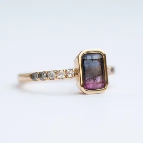 Black and Pink Bi Color Tourmaline Ring in yellow gold with ombré grey diamonds by Anueva Jewelry