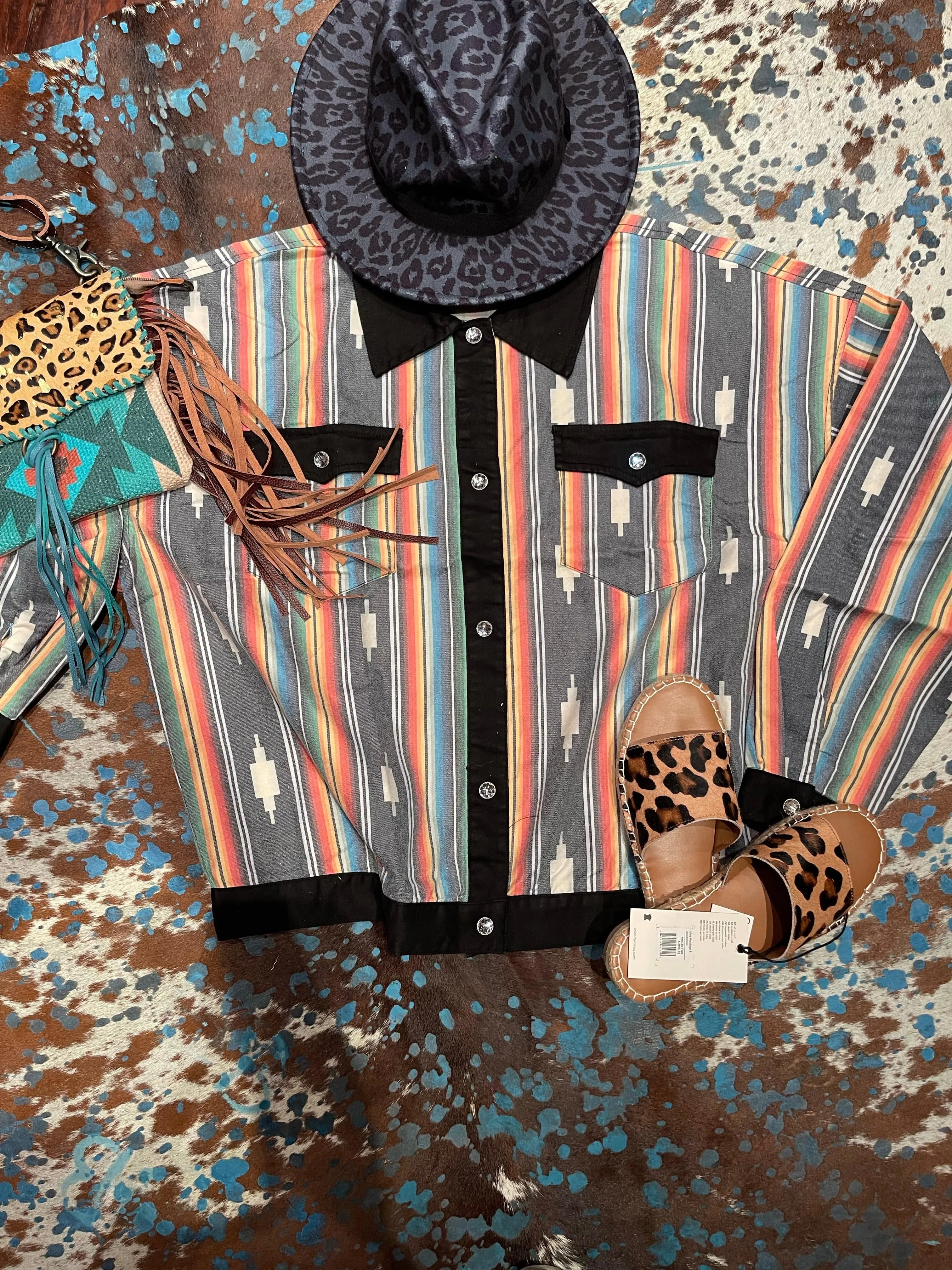 Black aztec serape cropped denim jacket  Plus