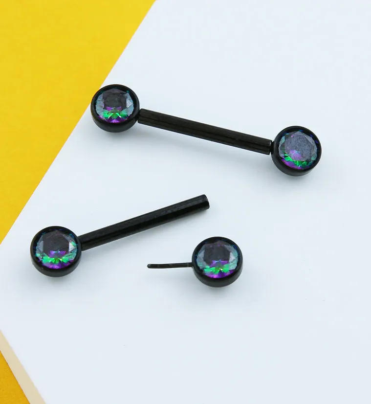 Black PVD Bezel Black Aurora CZ Threadless Titanium Nipple Barbells