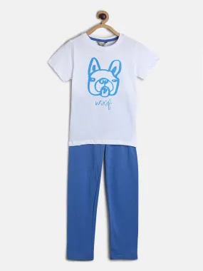 Boys/Girls White & Blue Printed Cotton Night Suit