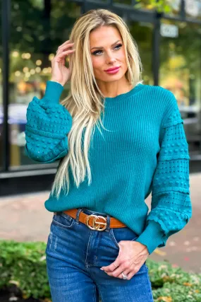 Bubbly Feelings Crocheted Sleeve Sweater : Teal