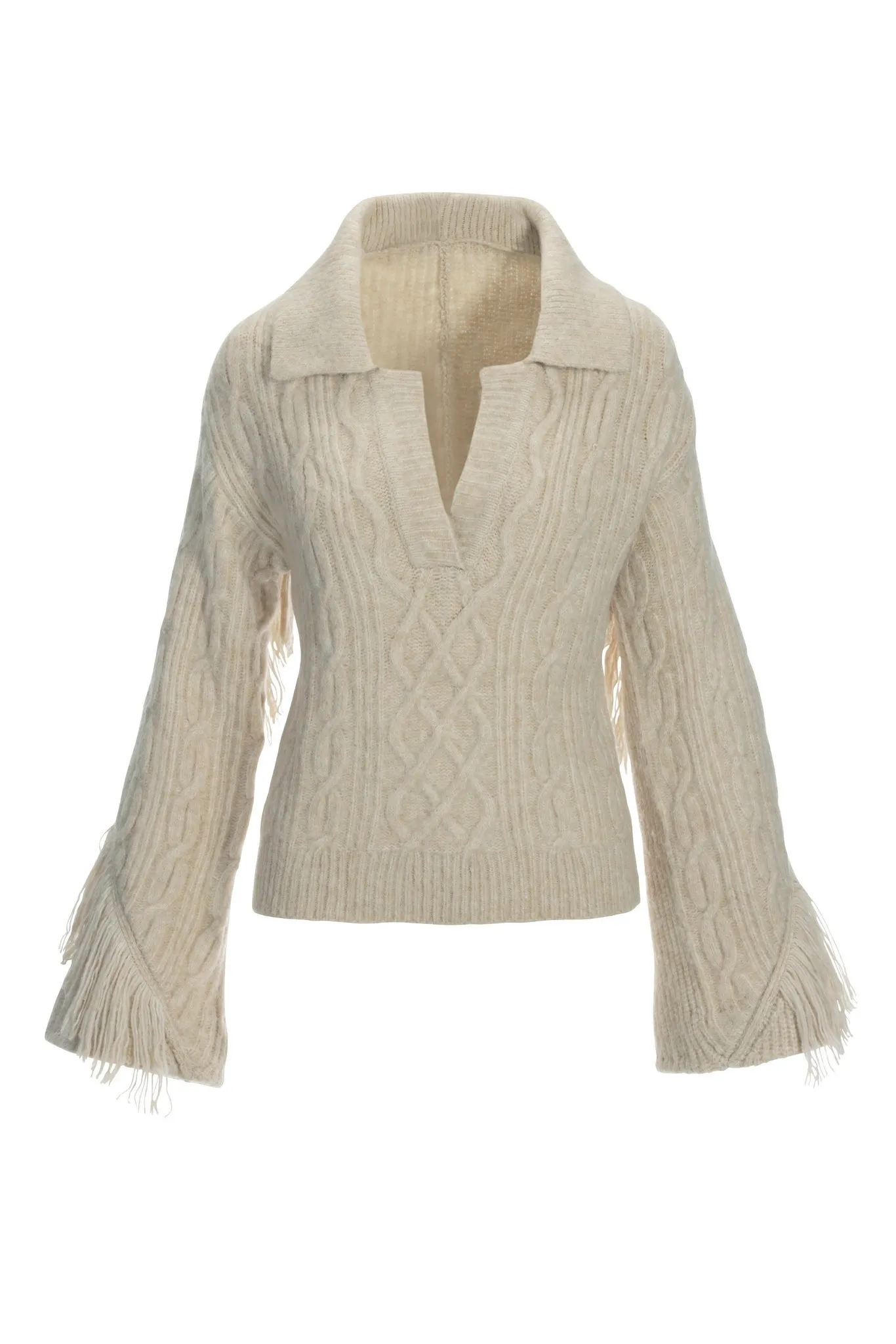 Cable Fringe Collar Sweater Heather Oatmeal