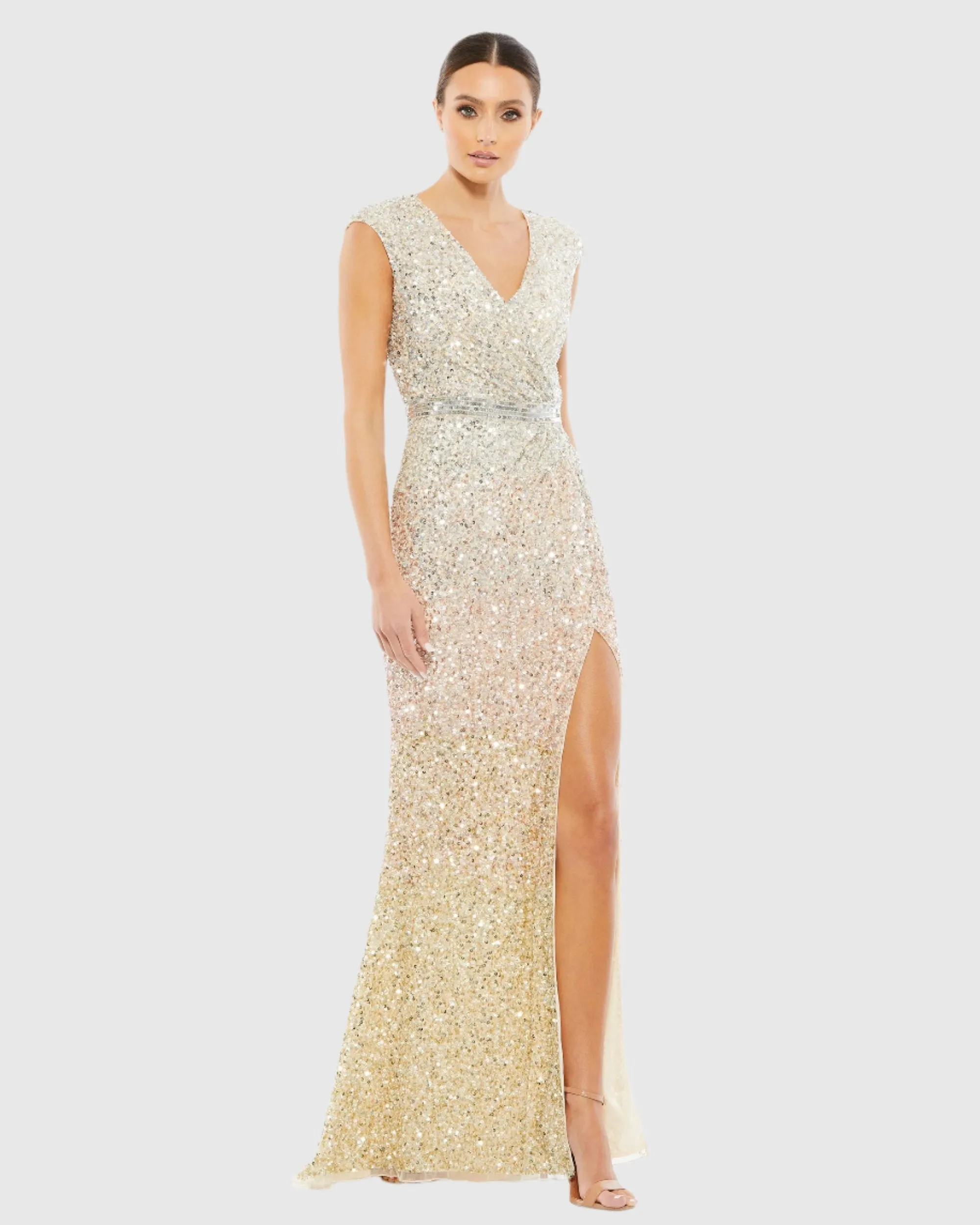 Cap Sleeve Sequined High Slit Gown