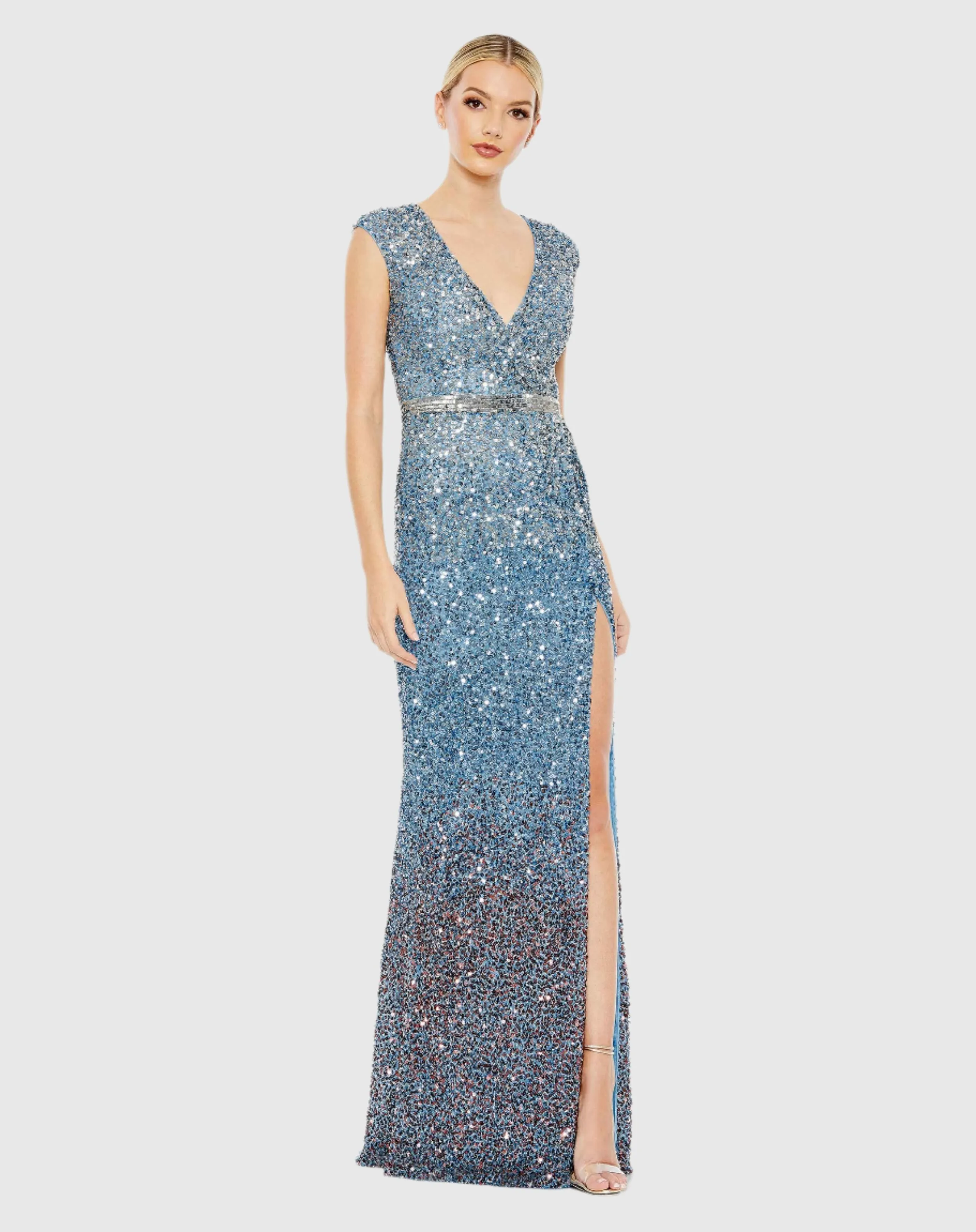 Cap Sleeve Sequined High Slit Gown