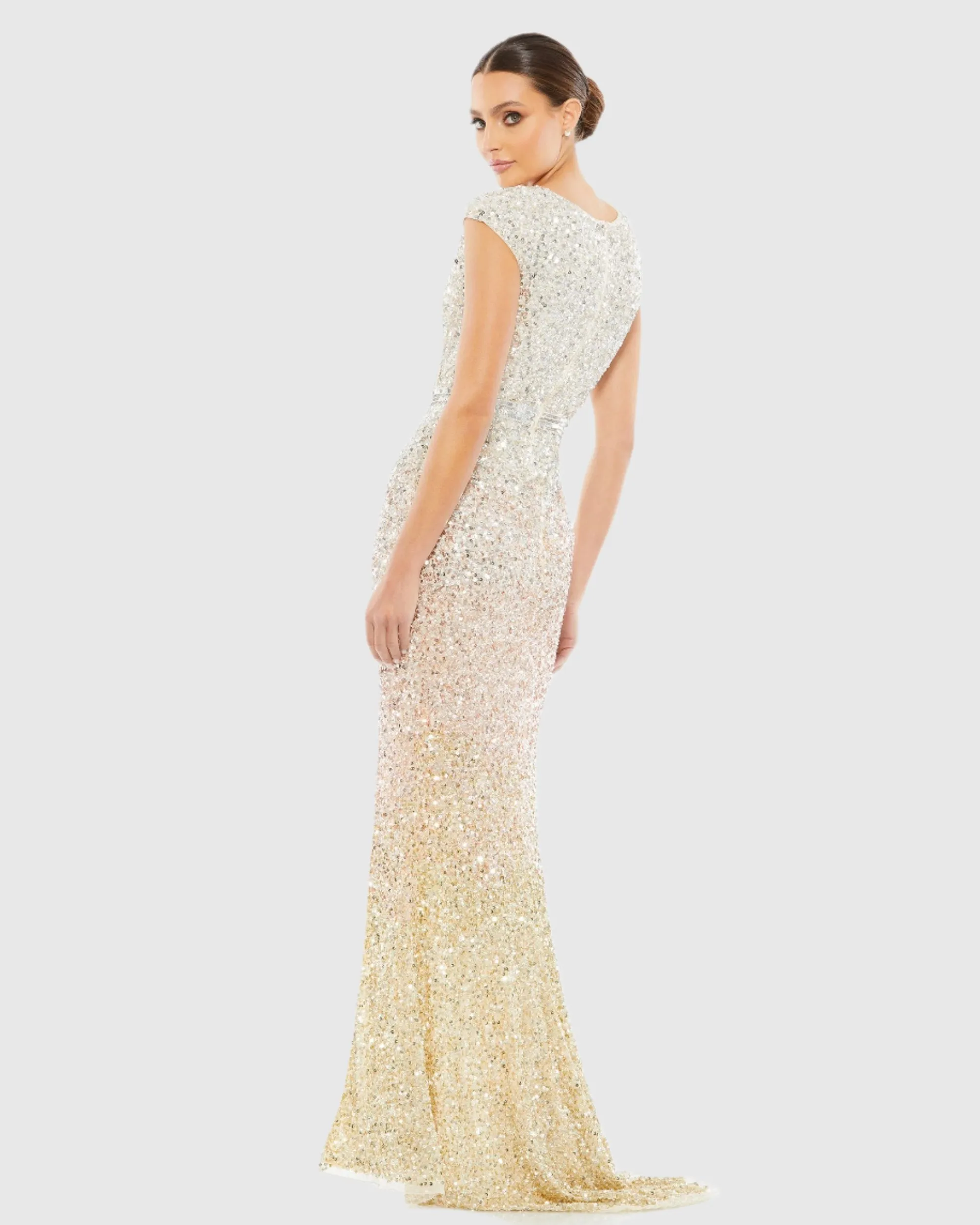 Cap Sleeve Sequined High Slit Gown