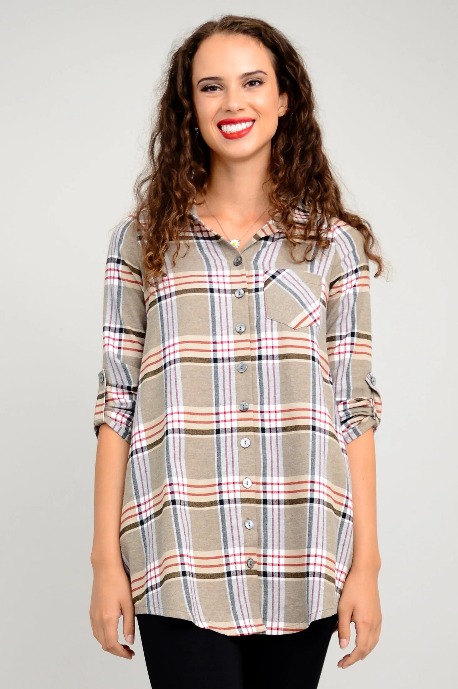 Celine Tunic, Taupe Plaid, Cotton Flannel - Final Sale