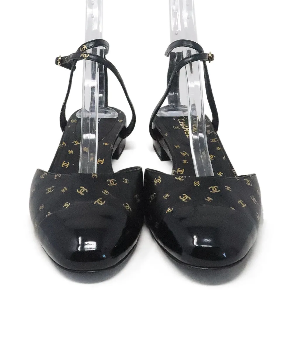 Chanel Black & Gold Logo Print Flats sz 8.5