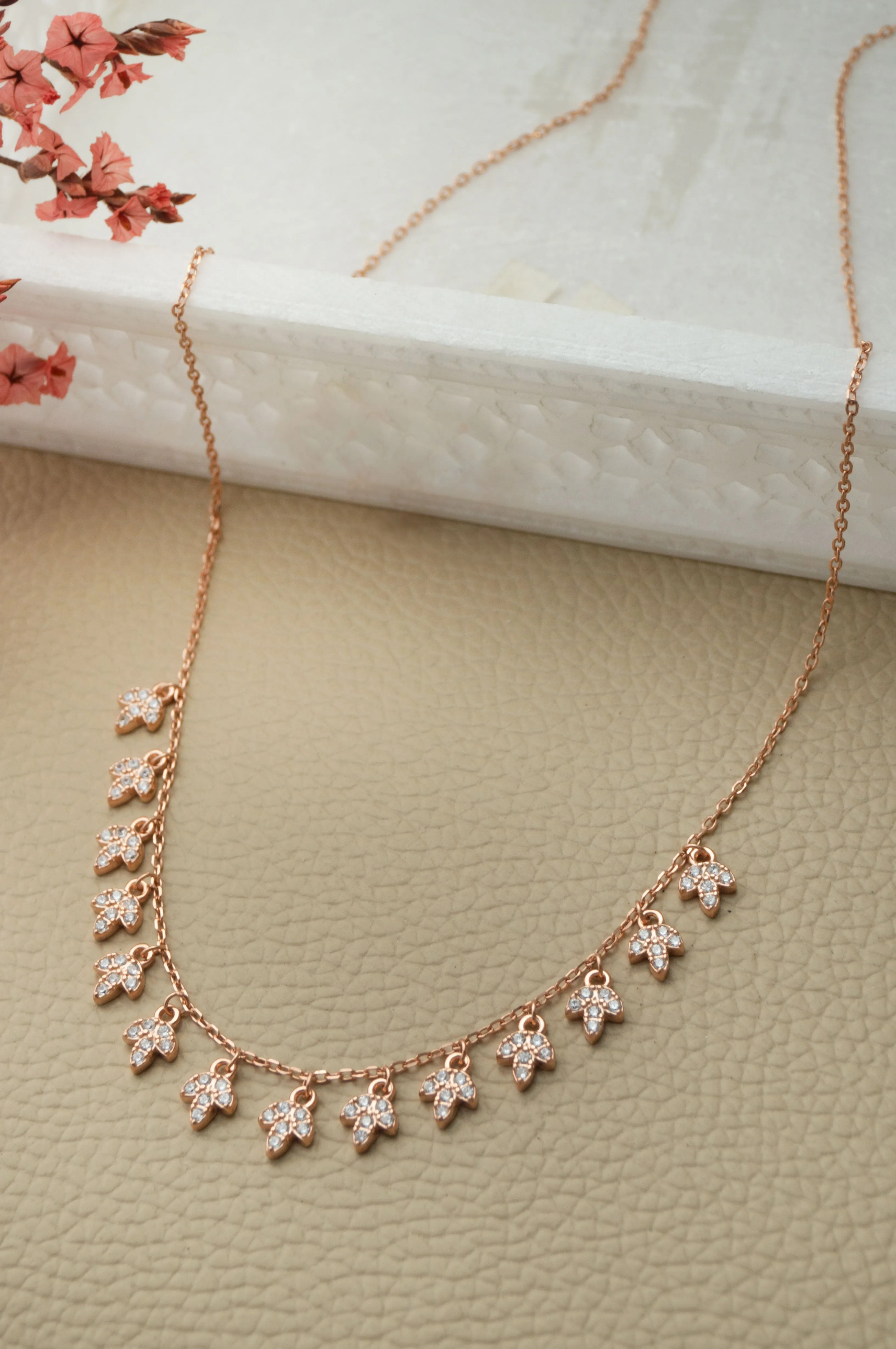 Charming Leaves Rose Gold Plated Sterling Silver Necklace Set