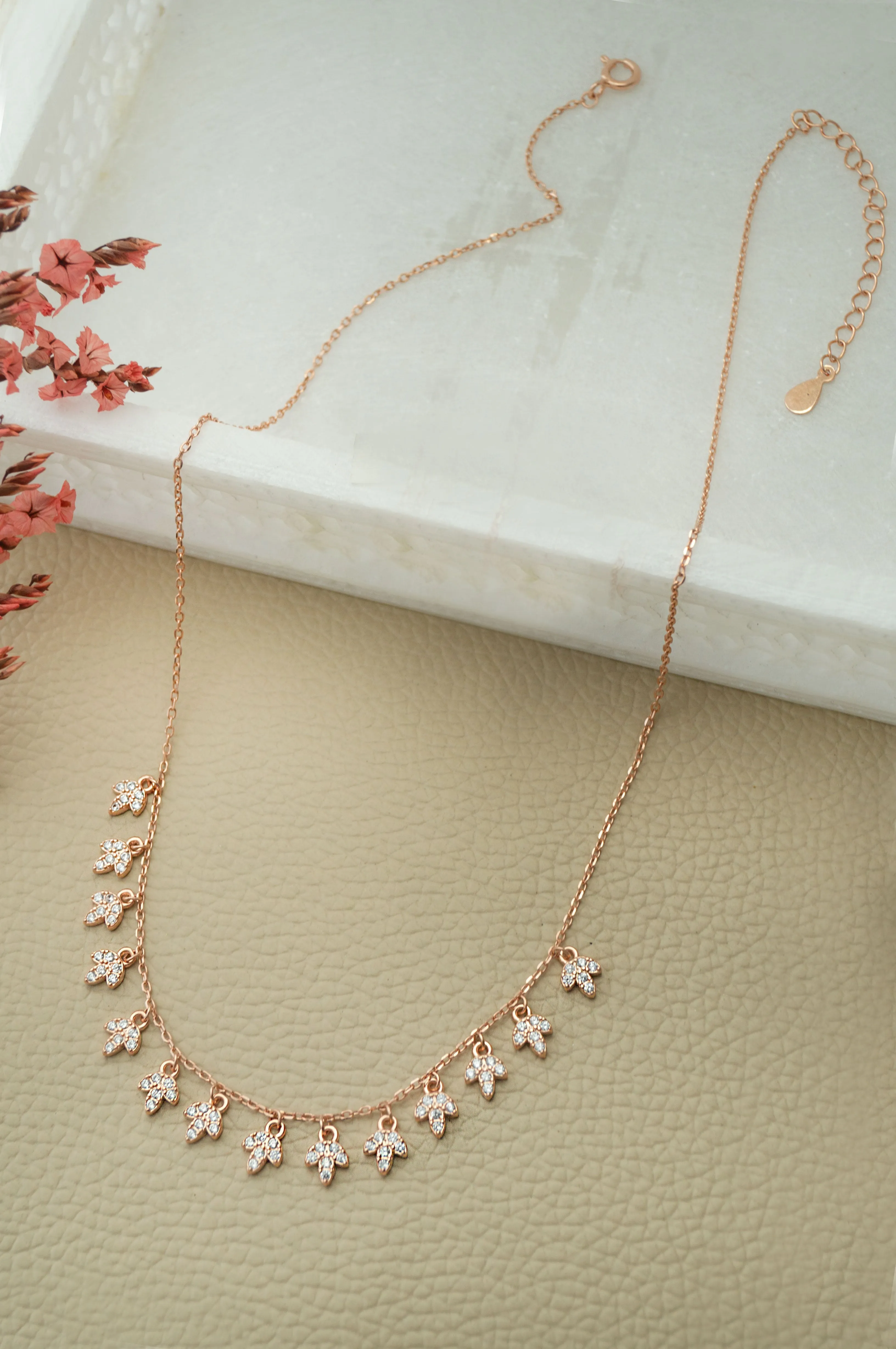 Charming Leaves Rose Gold Plated Sterling Silver Necklace Set