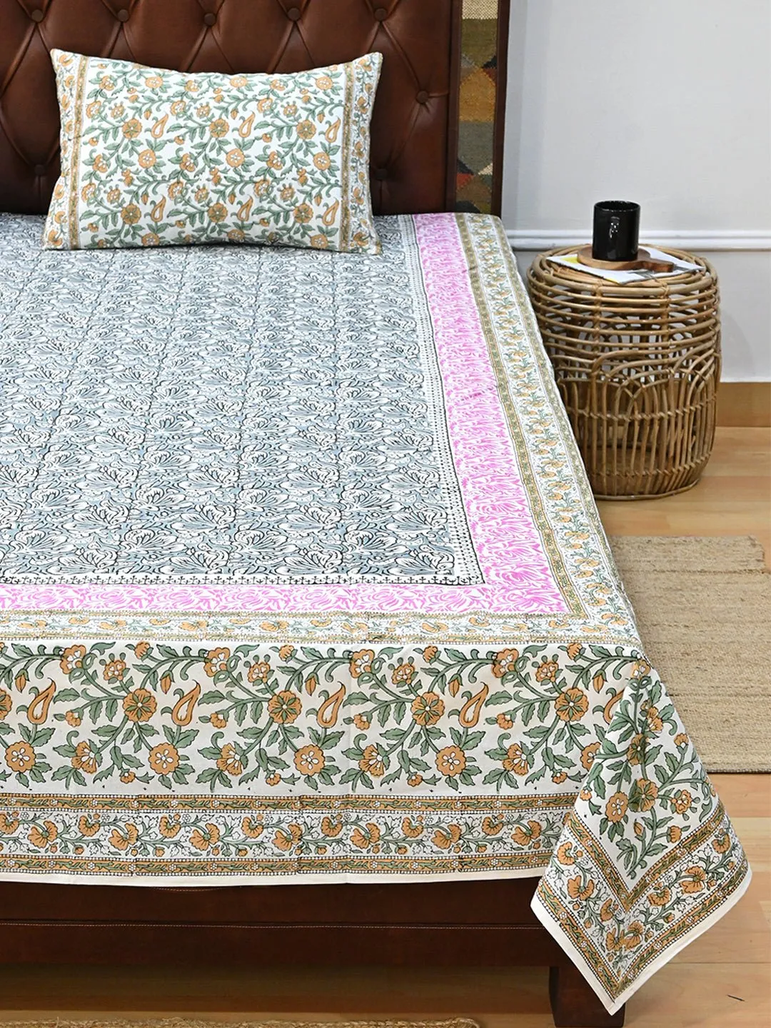 CHINTZ FLORAL COTTON PRINTED DOUBLE BEDSHEET WITH PILLOW