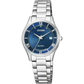 CITIZEN COLLECTION ECO-DRIVE RADIO SILVER STRAP BLUE DIAL LADIES WATCH ES0000-79L