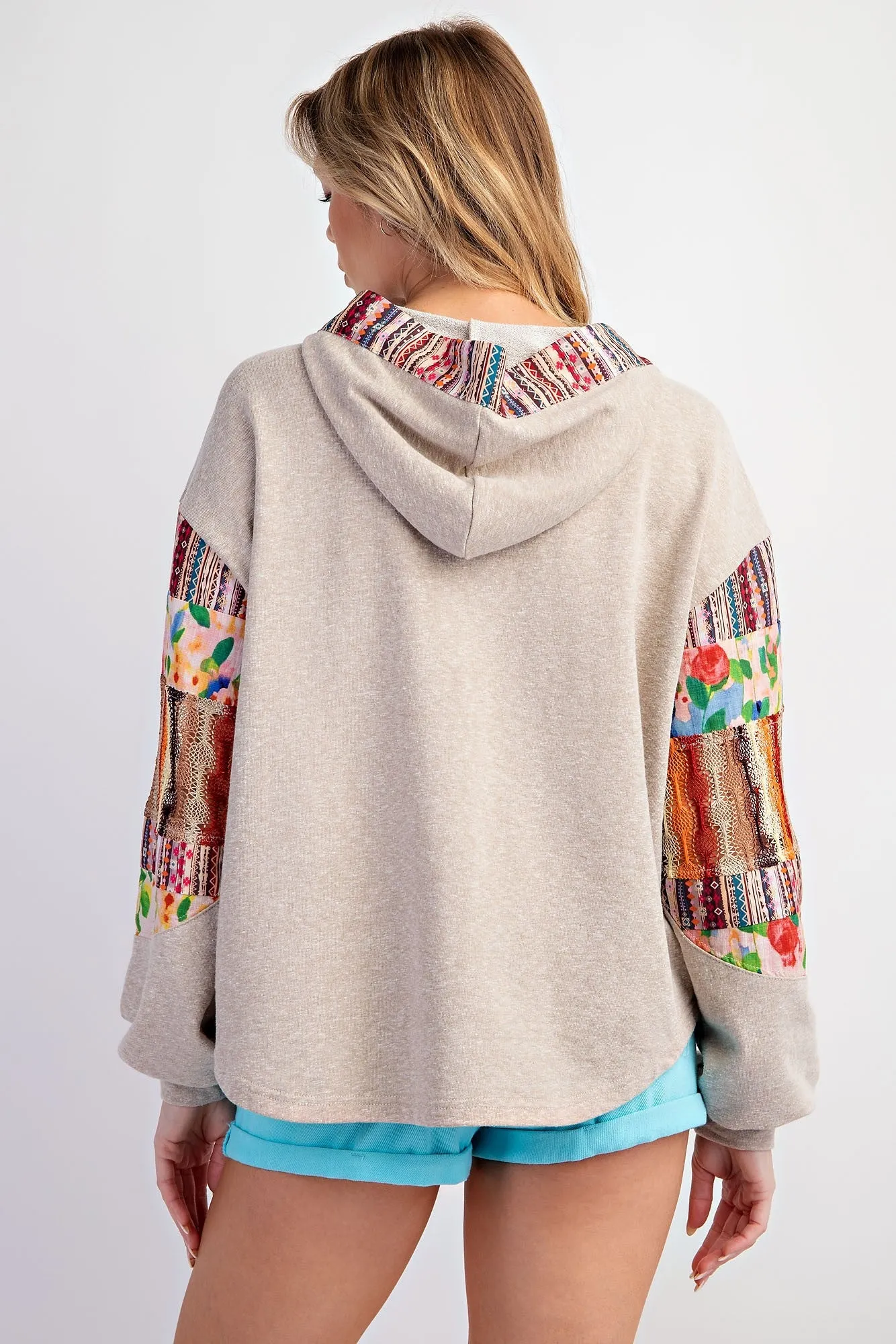 Easel Crochet Mix Terry Knit Hoodie Pullover