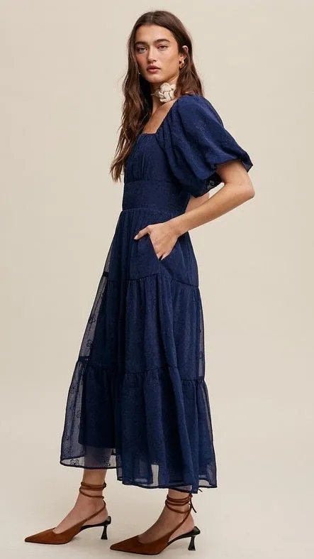 Eloise Puff Sleeve Embroidered Tulle Midi Dress Midnight