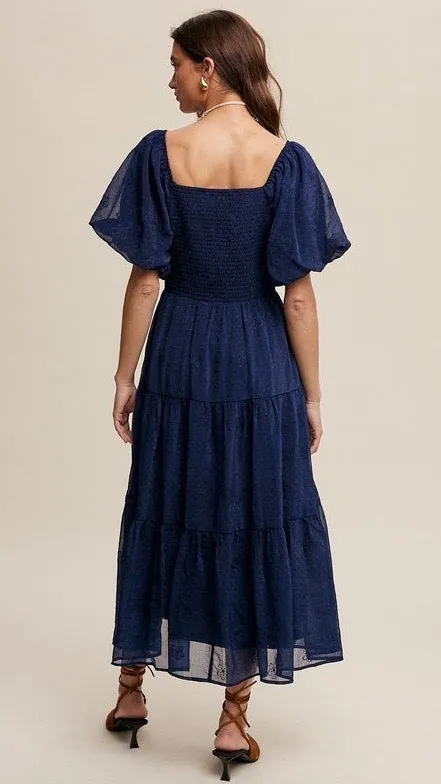 Eloise Puff Sleeve Embroidered Tulle Midi Dress Midnight