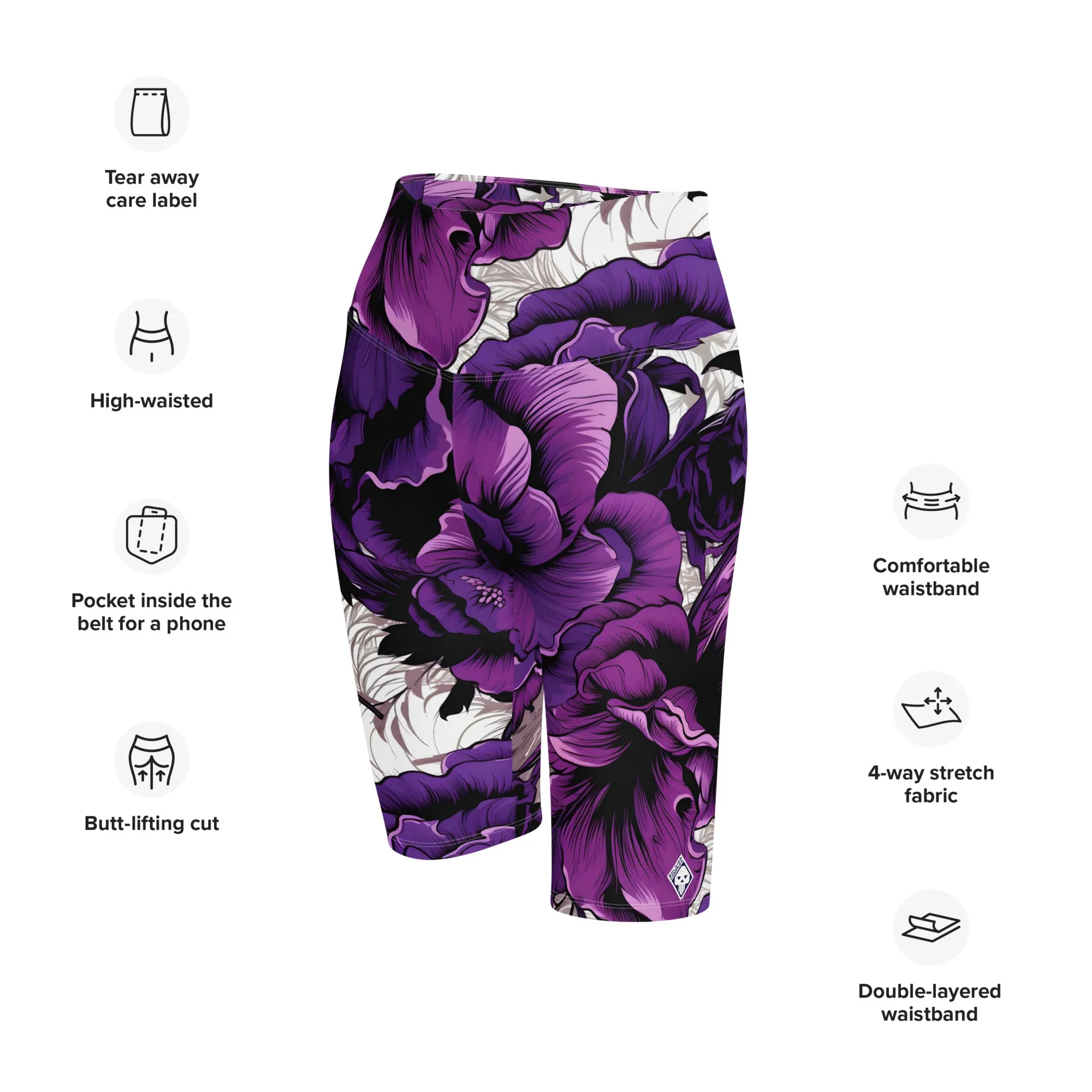 Floral Fitness: Women's Mile After Mile Biker Shorts - Purple Flowers 001