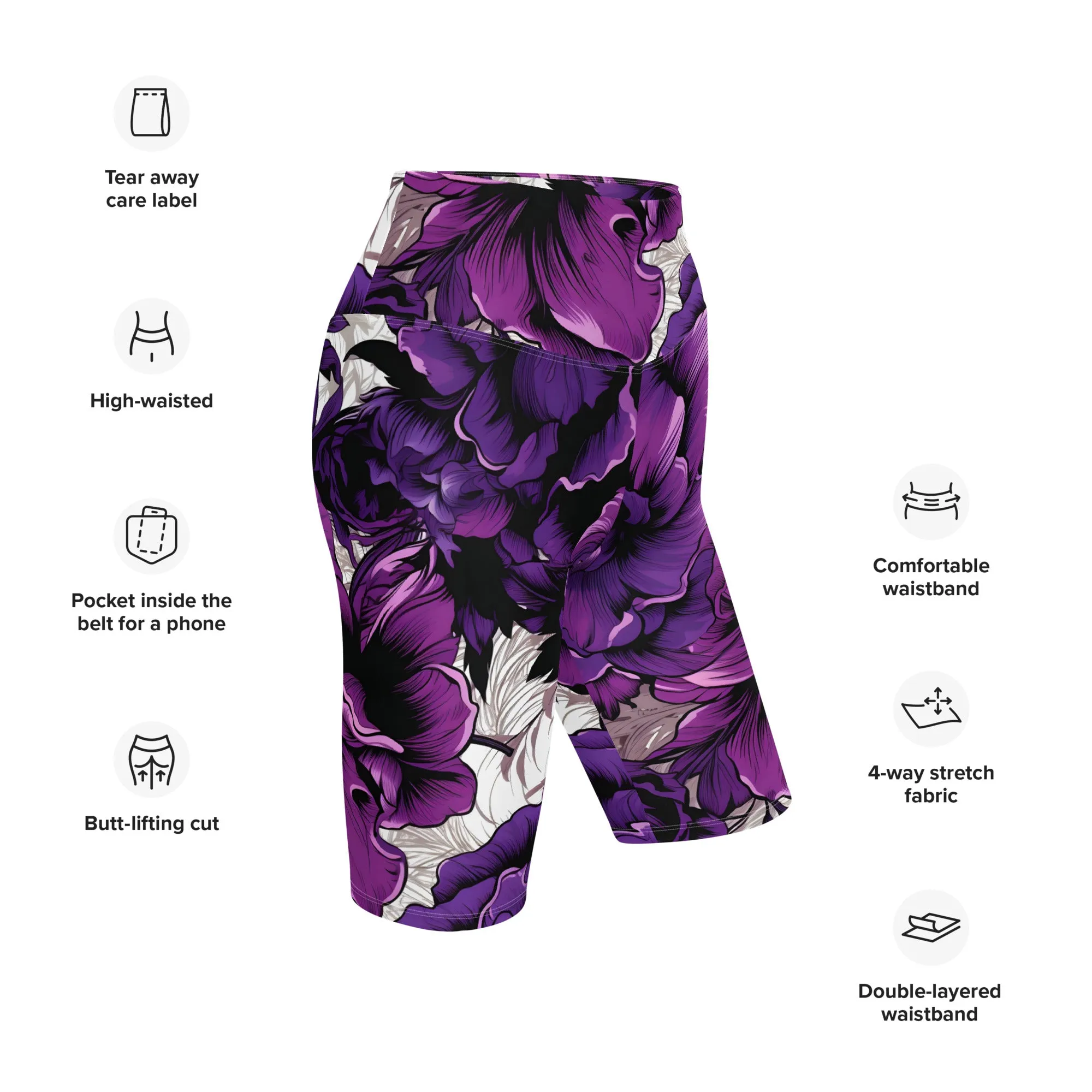 Floral Fitness: Women's Mile After Mile Biker Shorts - Purple Flowers 001