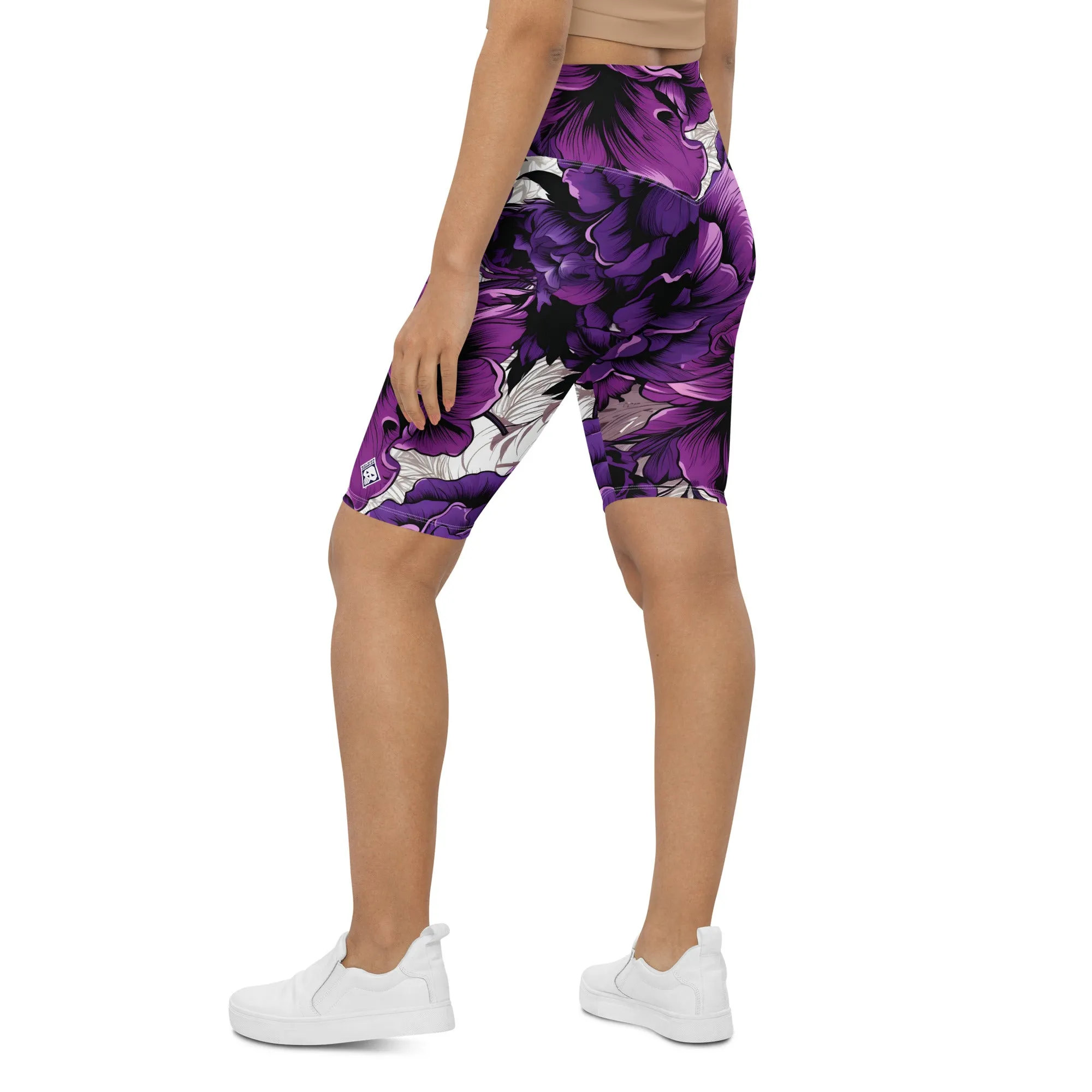 Floral Fitness: Women's Mile After Mile Biker Shorts - Purple Flowers 001