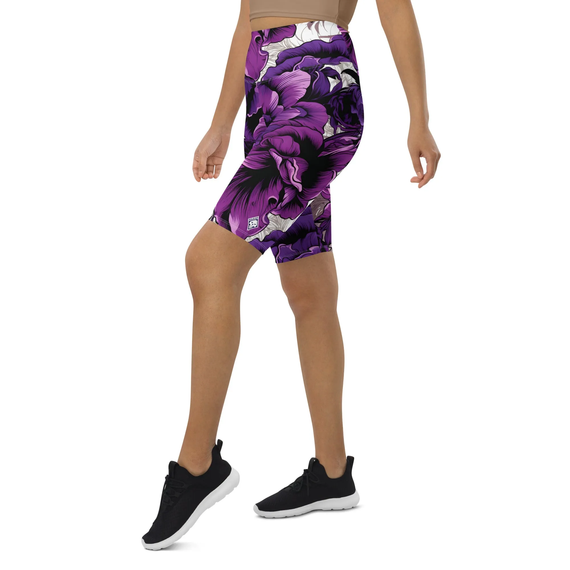 Floral Fitness: Women's Mile After Mile Biker Shorts - Purple Flowers 001