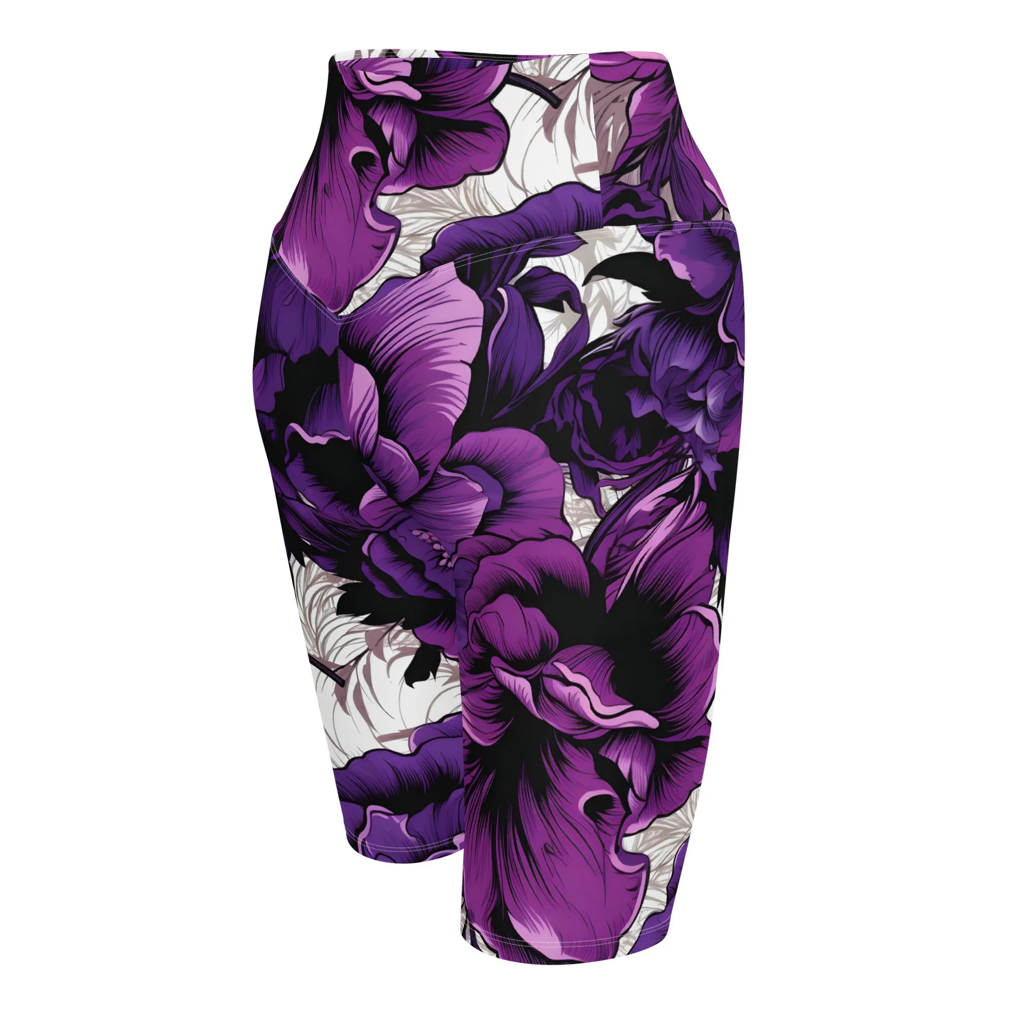 Floral Fitness: Women's Mile After Mile Biker Shorts - Purple Flowers 001