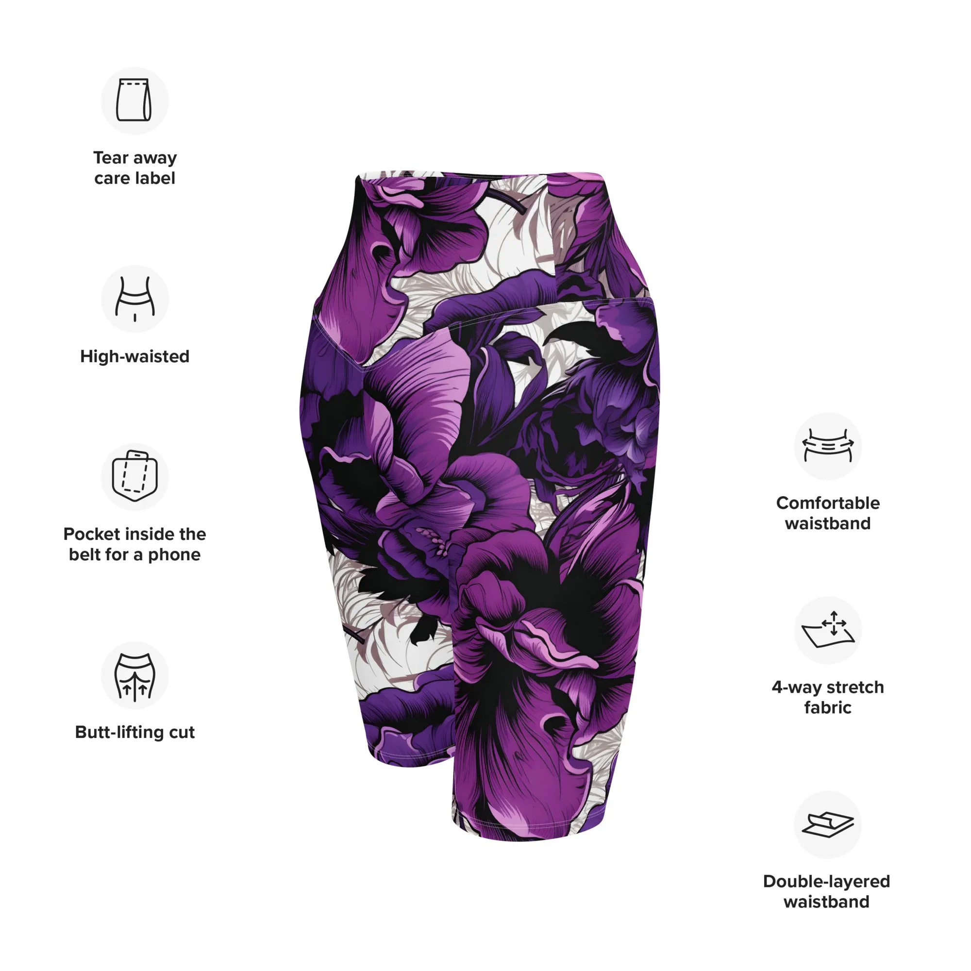 Floral Fitness: Women's Mile After Mile Biker Shorts - Purple Flowers 001