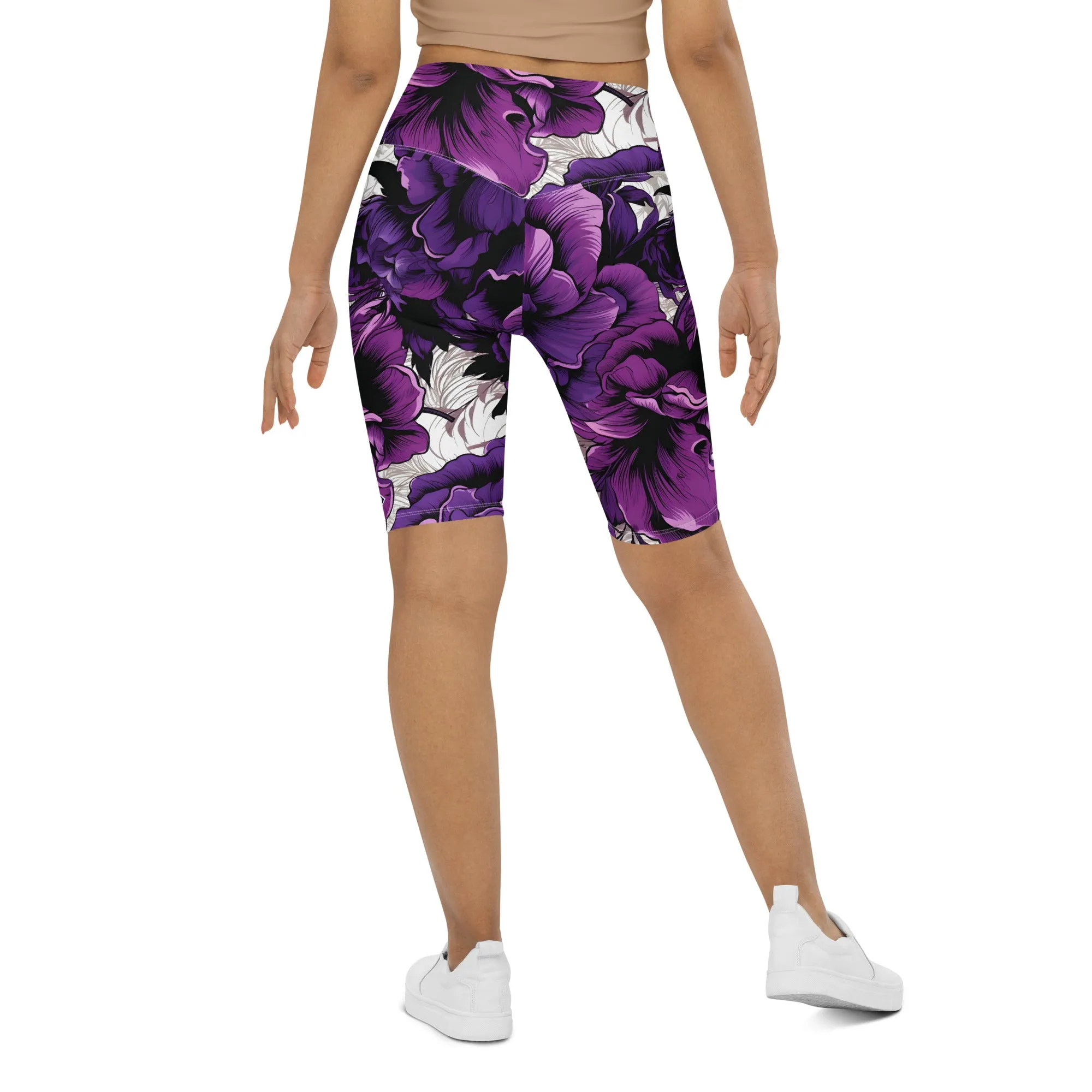 Floral Fitness: Women's Mile After Mile Biker Shorts - Purple Flowers 001