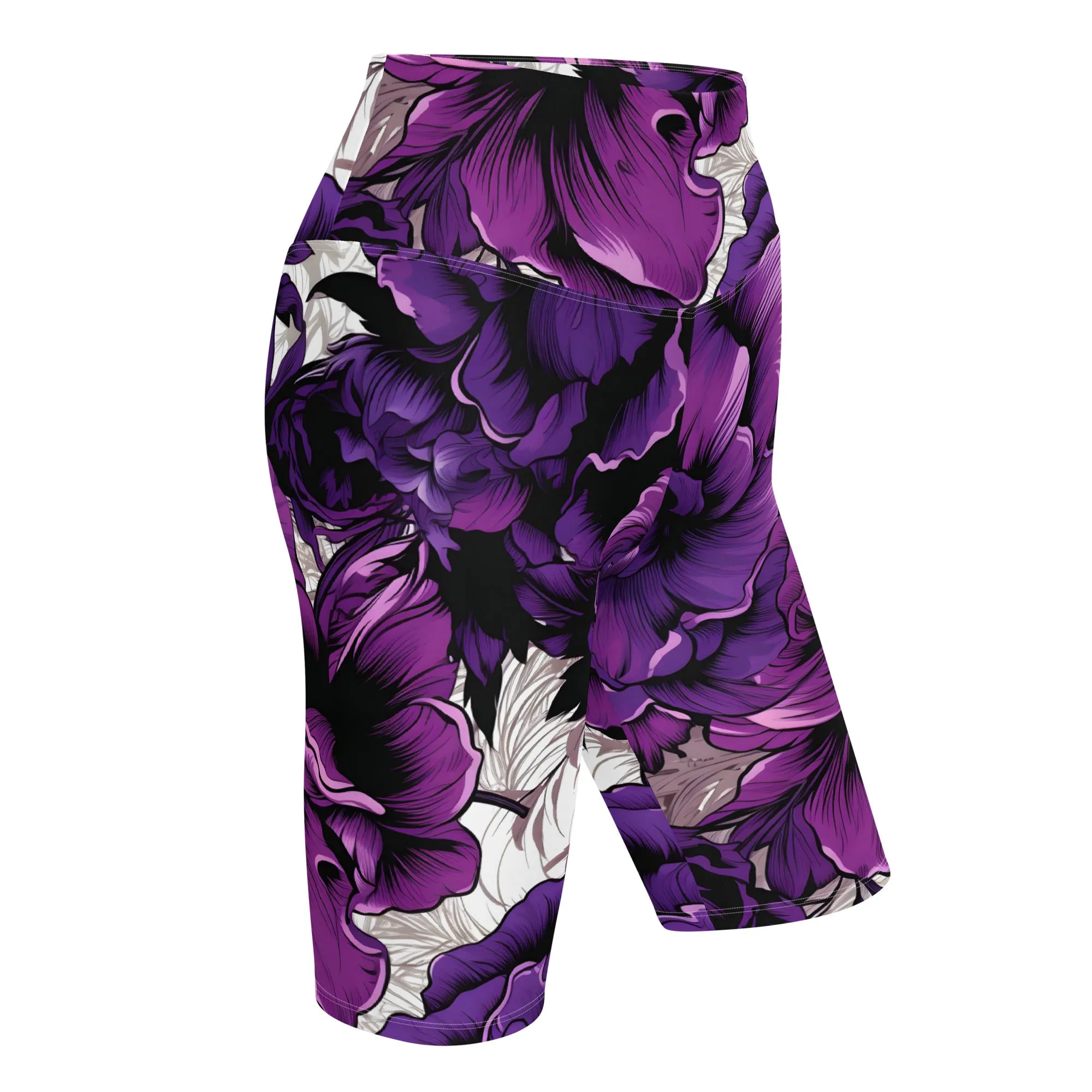 Floral Fitness: Women's Mile After Mile Biker Shorts - Purple Flowers 001