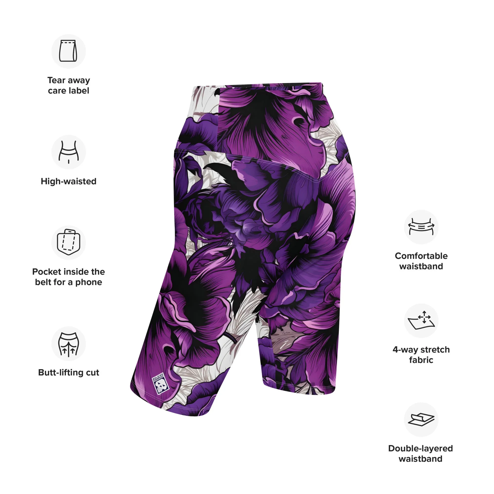 Floral Fitness: Women's Mile After Mile Biker Shorts - Purple Flowers 001