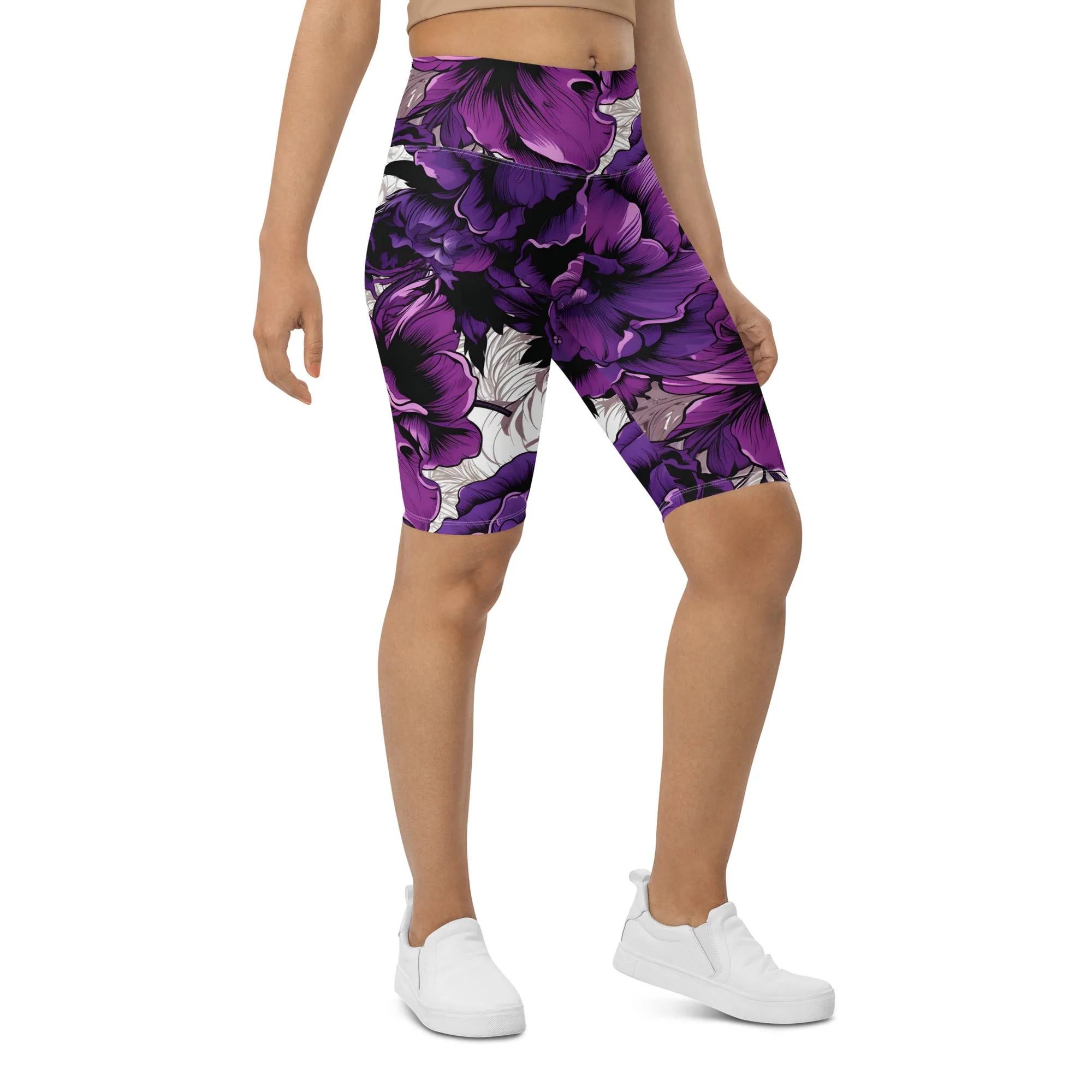 Floral Fitness: Women's Mile After Mile Biker Shorts - Purple Flowers 001