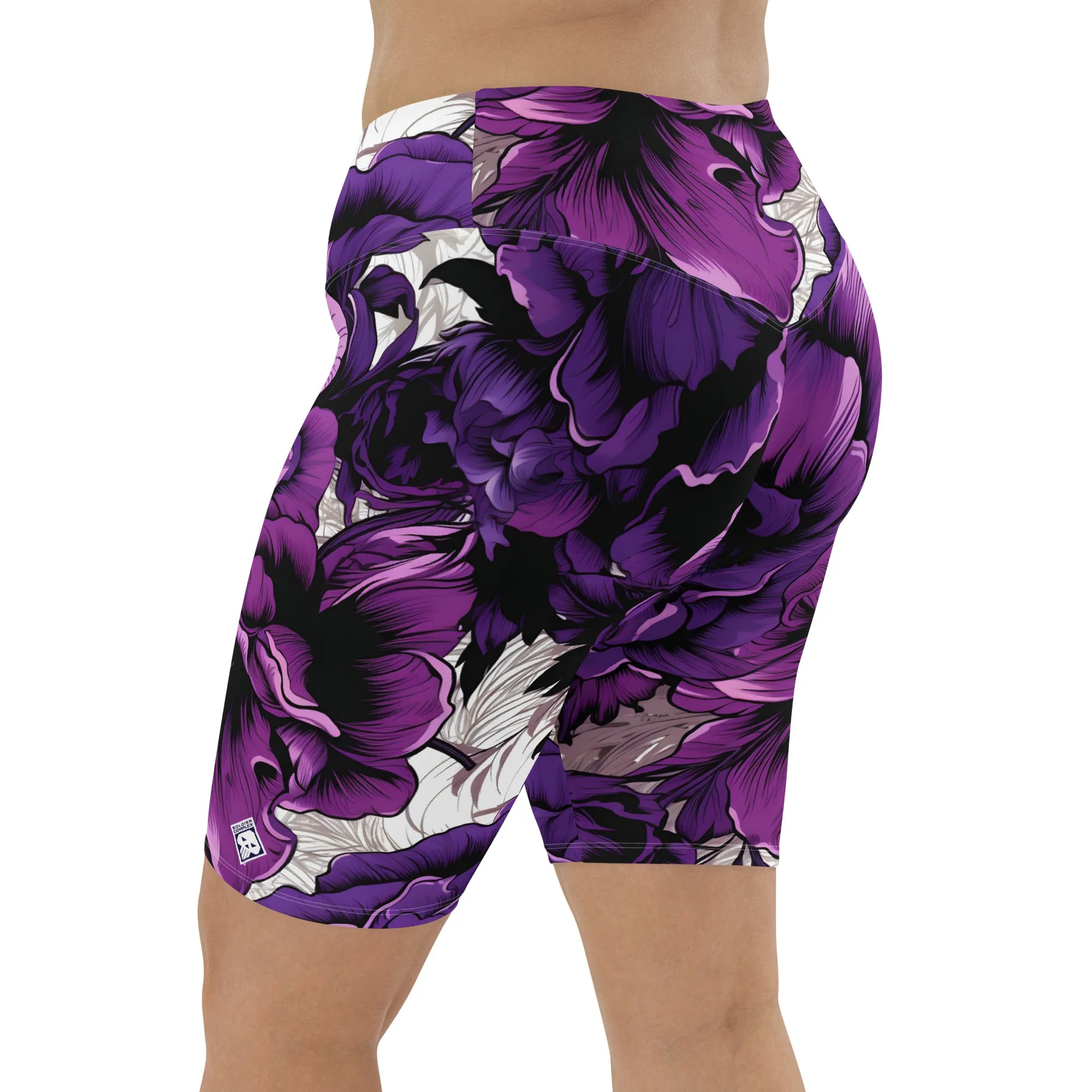 Floral Fitness: Women's Mile After Mile Biker Shorts - Purple Flowers 001