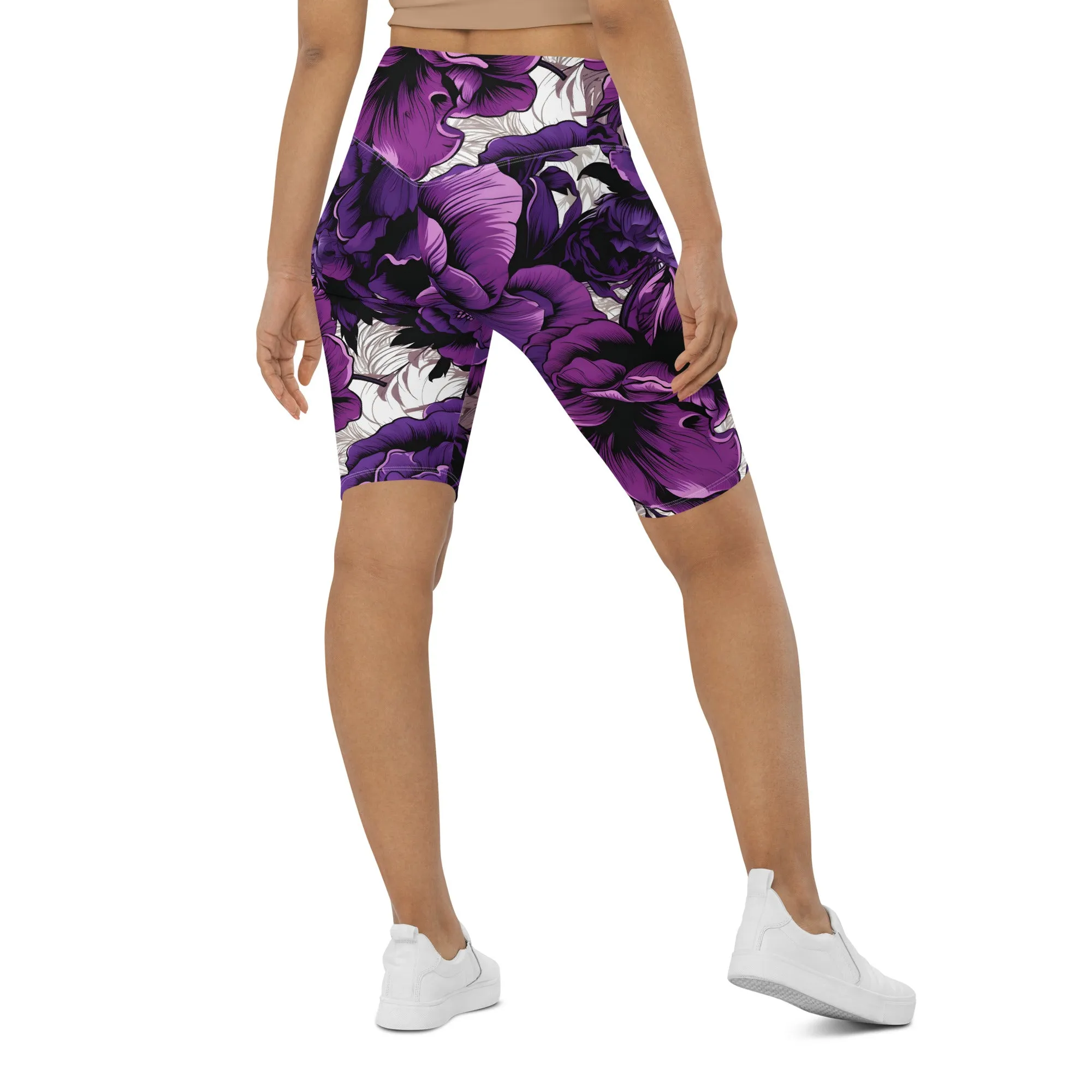 Floral Fitness: Women's Mile After Mile Biker Shorts - Purple Flowers 001