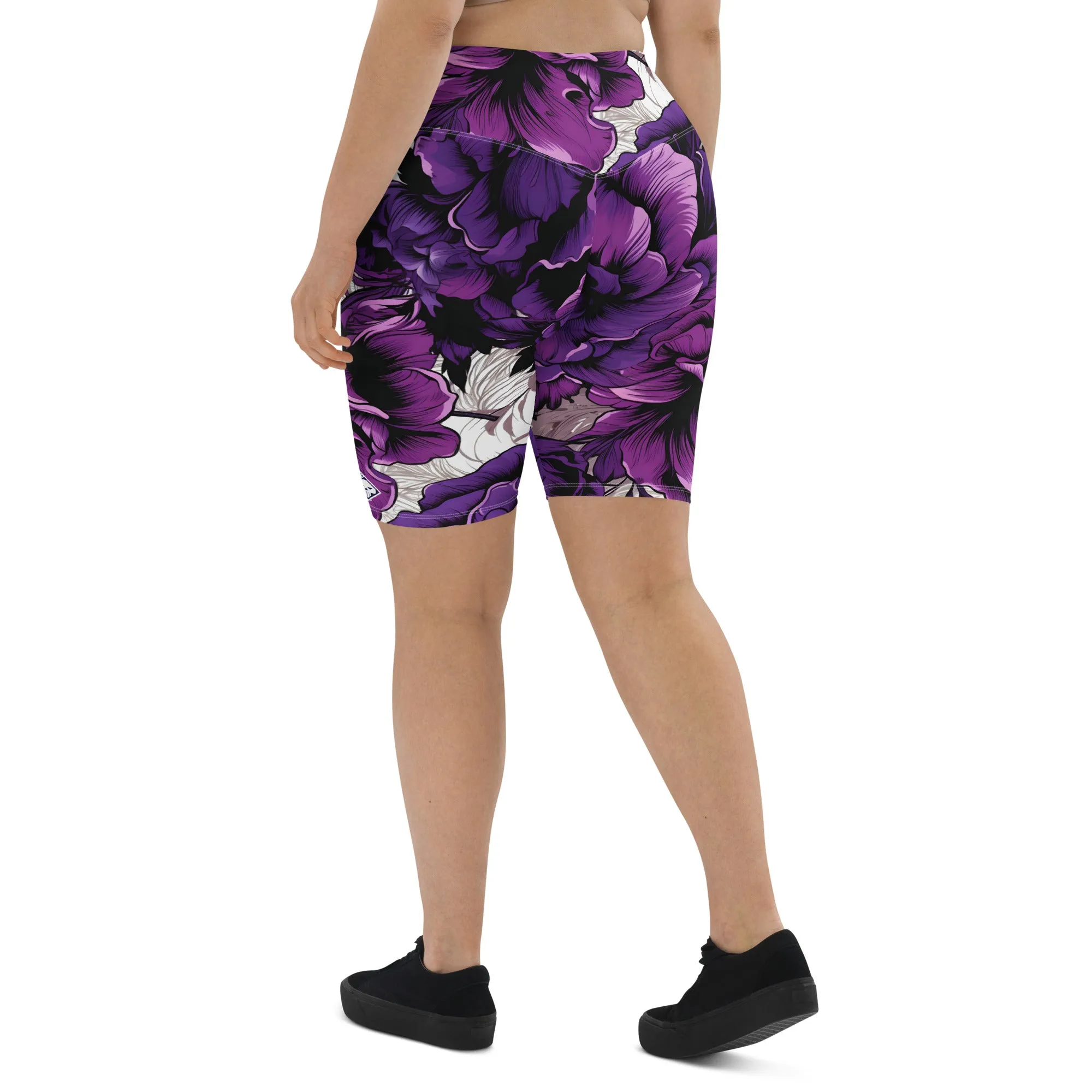 Floral Fitness: Women's Mile After Mile Biker Shorts - Purple Flowers 001