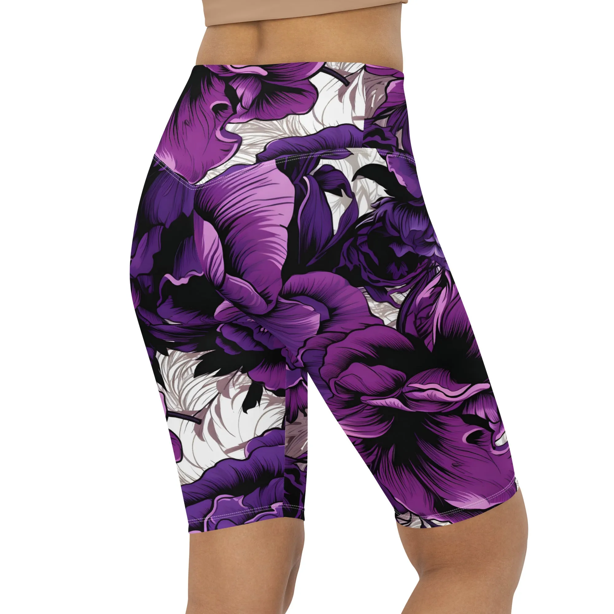 Floral Fitness: Women's Mile After Mile Biker Shorts - Purple Flowers 001