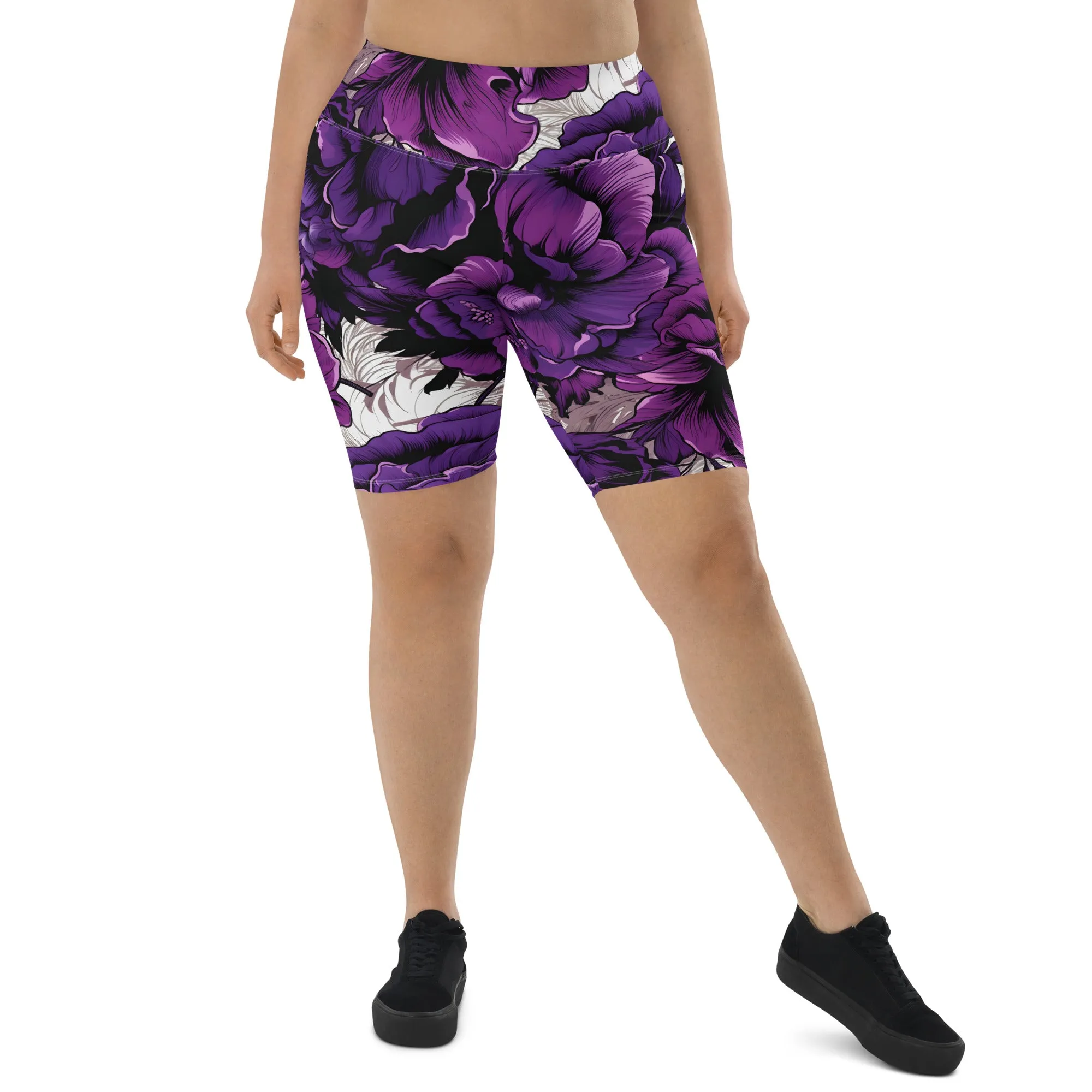 Floral Fitness: Women's Mile After Mile Biker Shorts - Purple Flowers 001